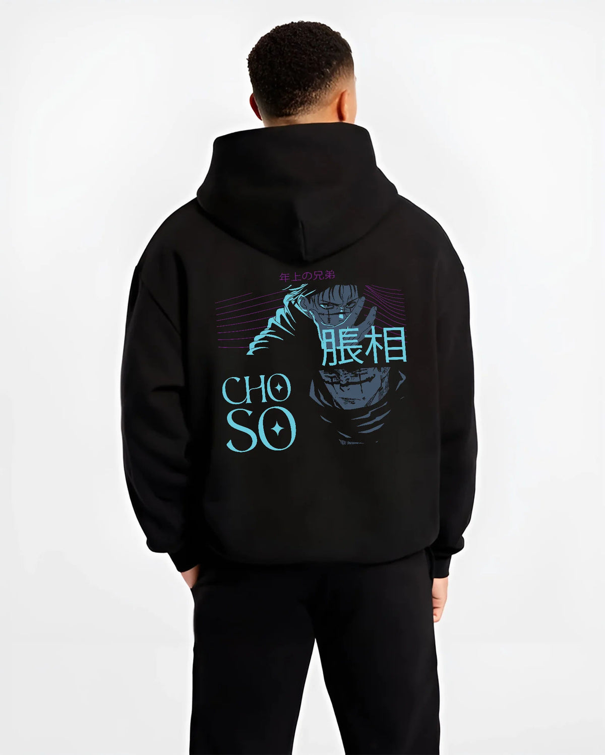 Black hoodie model back view showing Choso from Jujutsu Kaisen: Blood Manipulation illustration