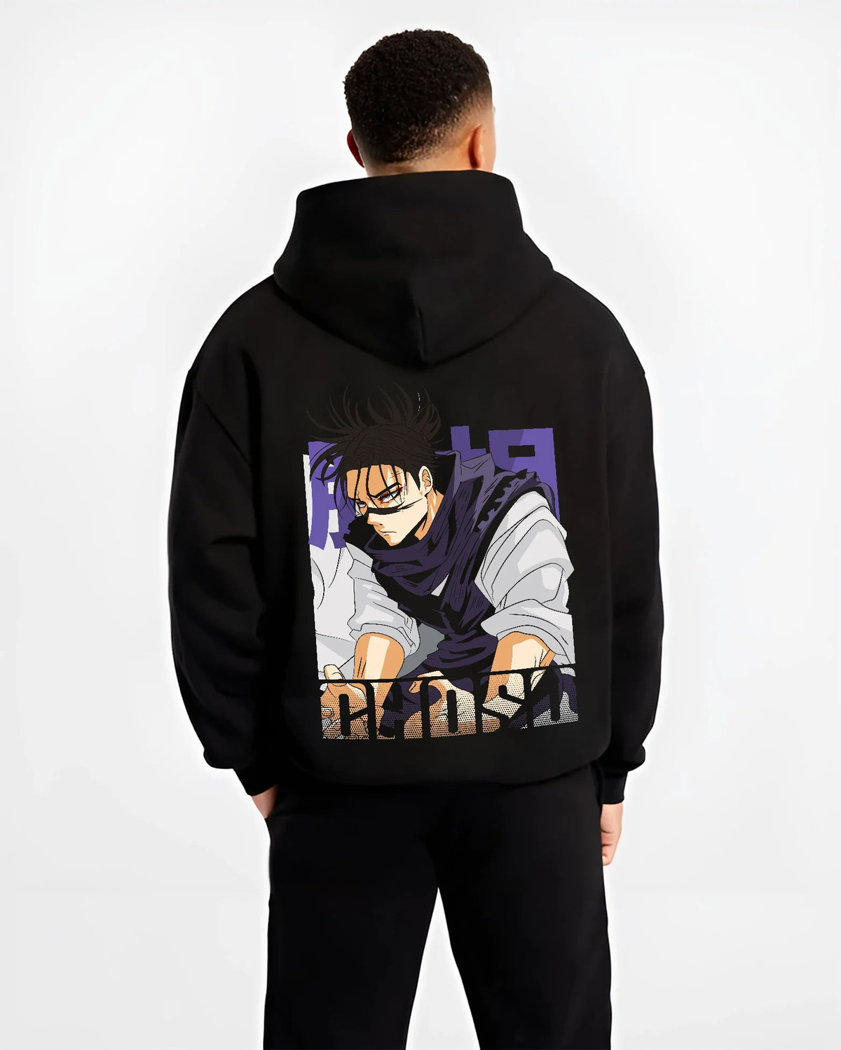 Black hoodie model back view showing Choso from Jujutsu Kaisen: manga portrait
