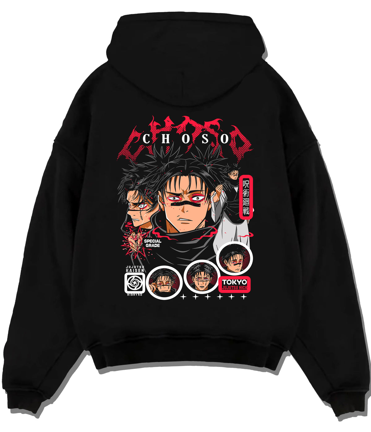 Black hoodie flat back view showing Choso from Jujutsu Kaisen: retro Japanese poster