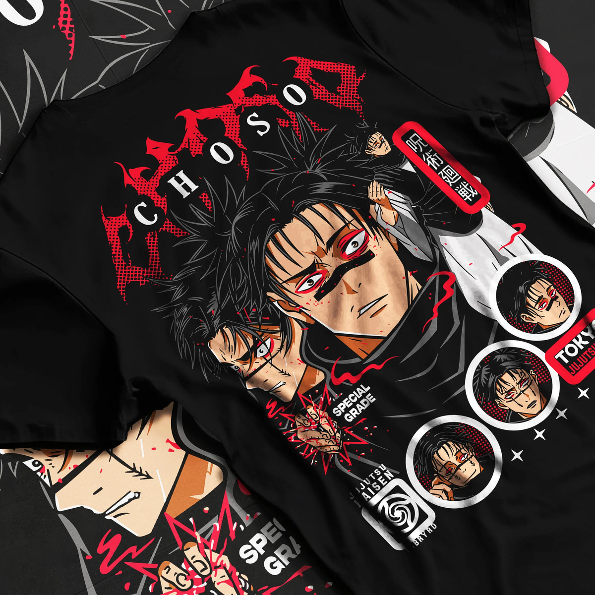 Black T-shirt flat back view showing Choso from Jujutsu Kaisen: retro Japanese poster