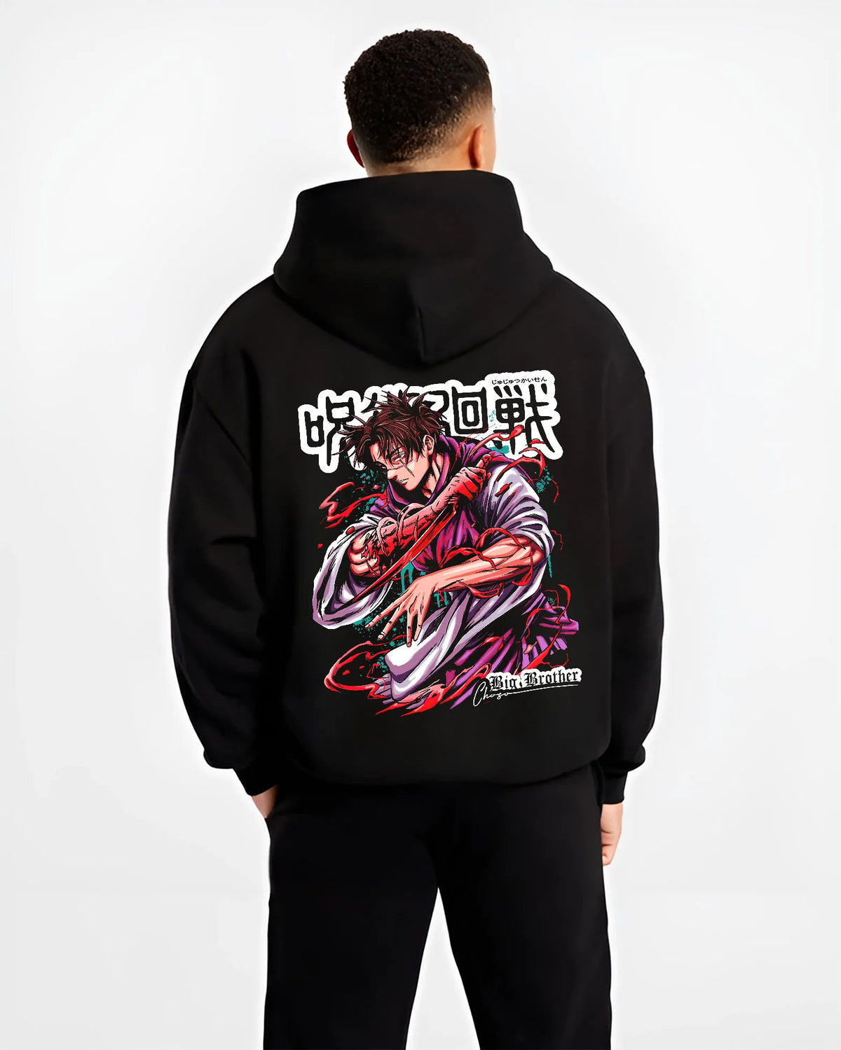 Black hoodie model back view showing Choso from Jujutsu Kaisen: dynamic battle pose