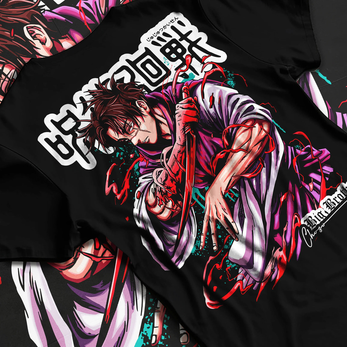Black T-shirt flat back view showing Choso from Jujutsu Kaisen: dynamic battle pose