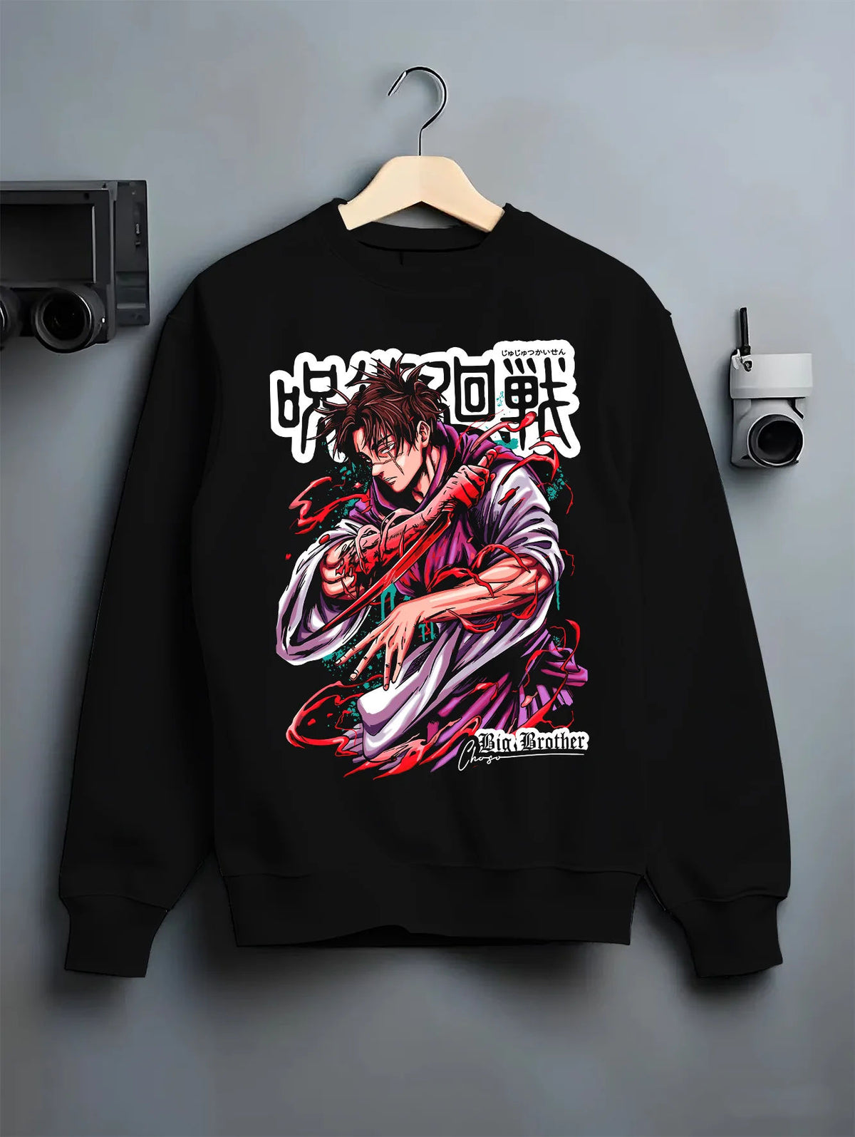 Black crewneck sweatshirt on hanger showing Choso from Jujutsu Kaisen: dynamic battle pose