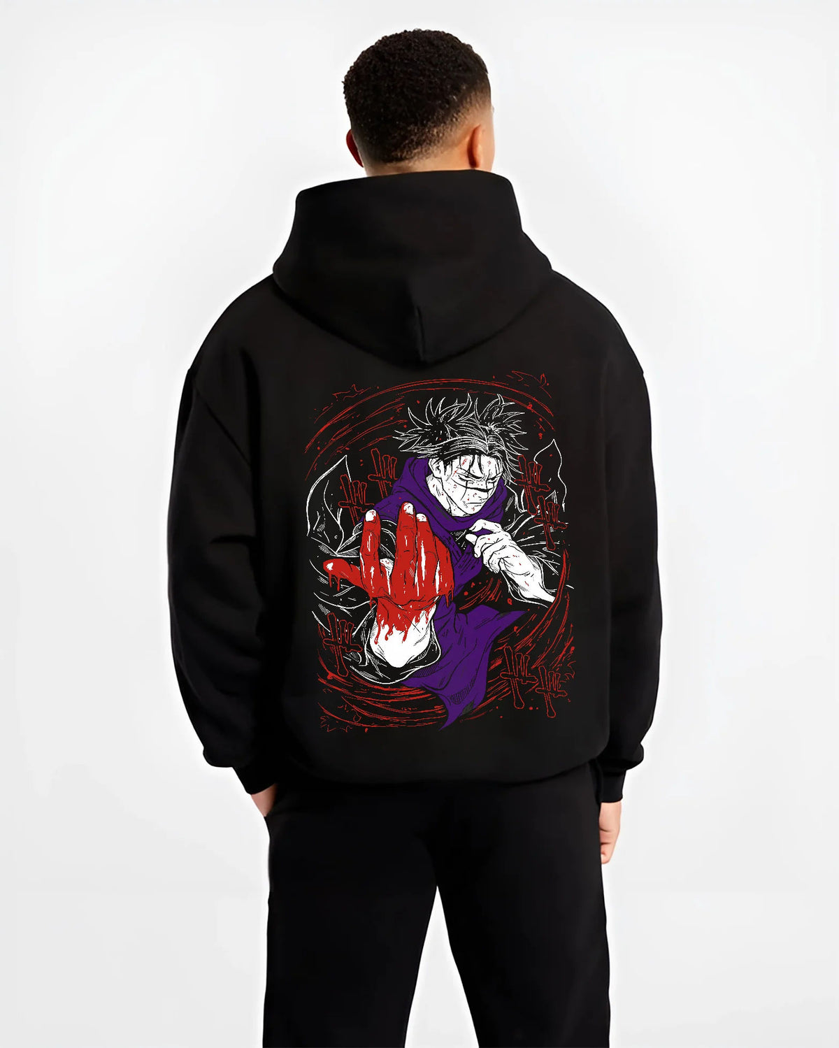 Black hoodie model back view showing Choso from Jujutsu Kaisen: Blood Manipulation