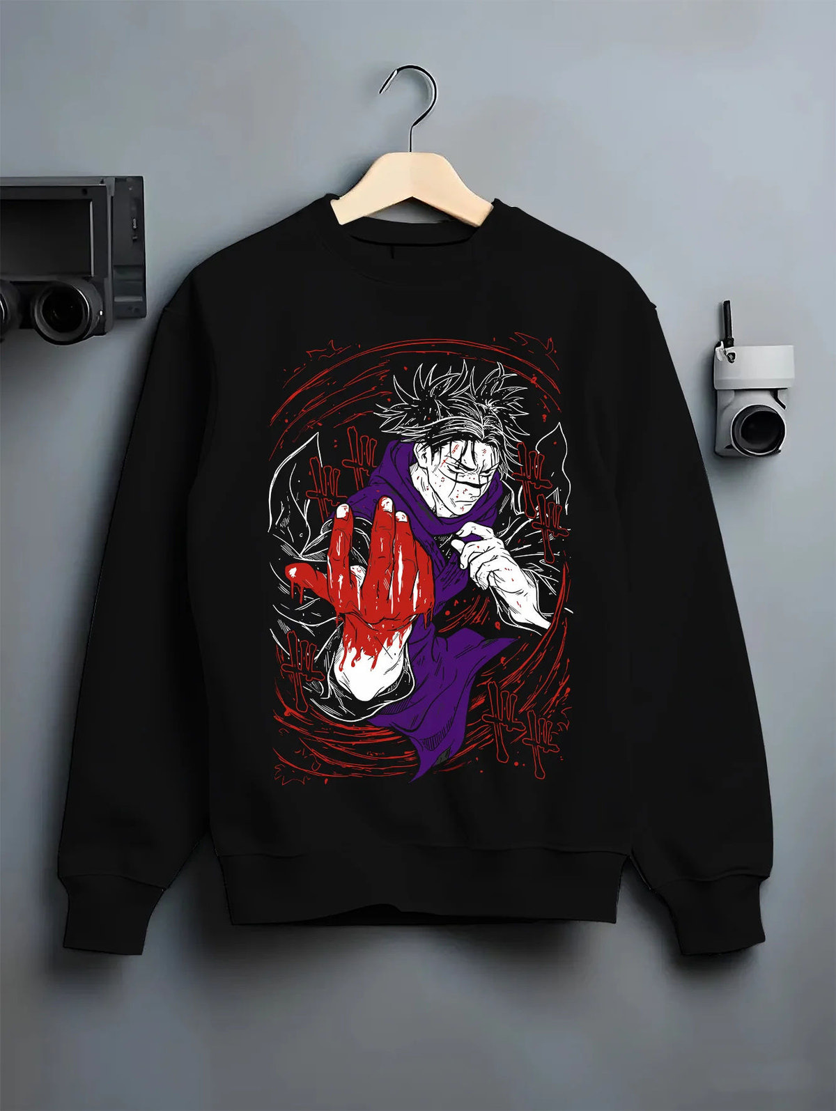 Black crewneck sweatshirt on hanger showing Choso from Jujutsu Kaisen: Blood Manipulation