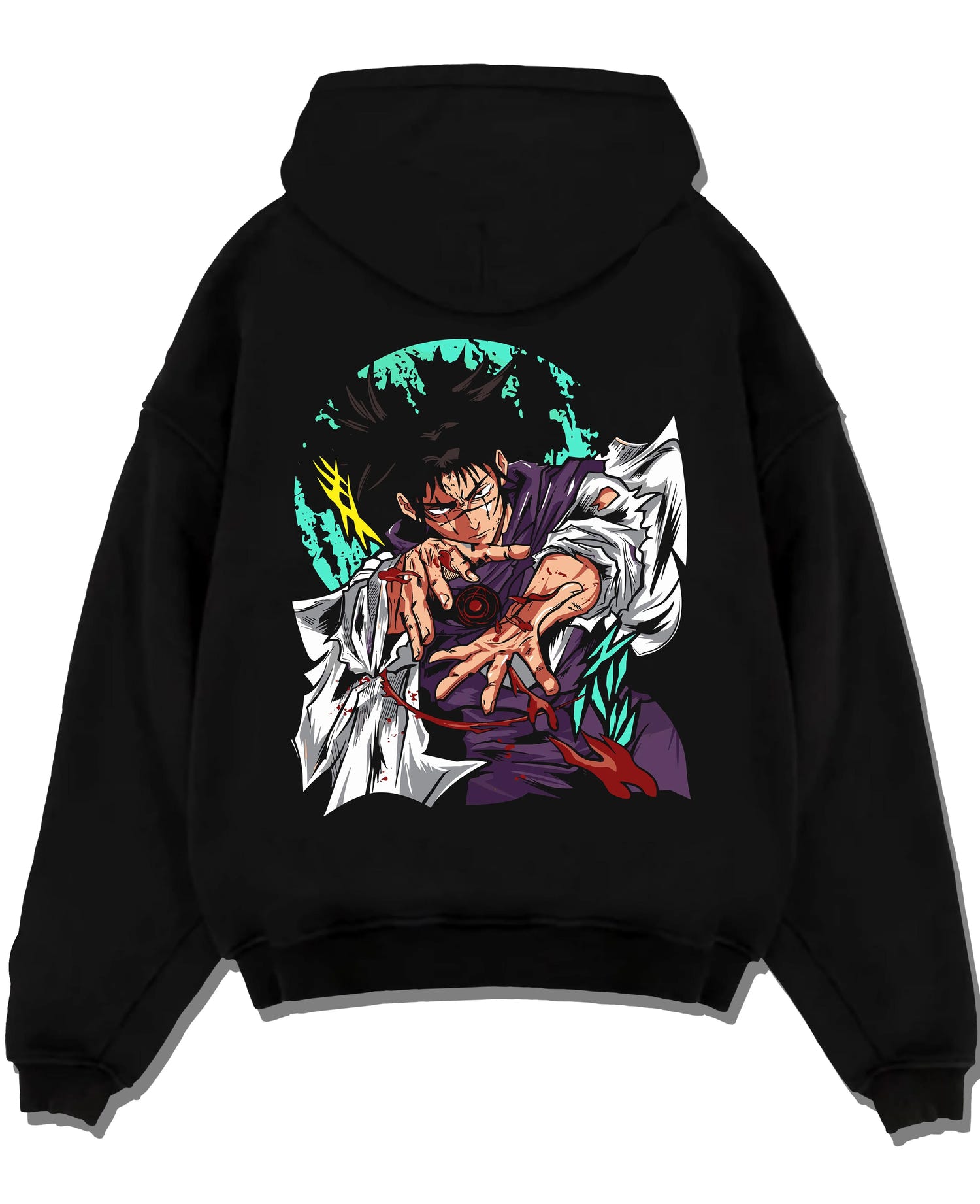 Black pullover hoodie laid flat with Choso Hoodie Jujutsu Kaisen Blood Manipulation Pose graphic bold anime graphic.