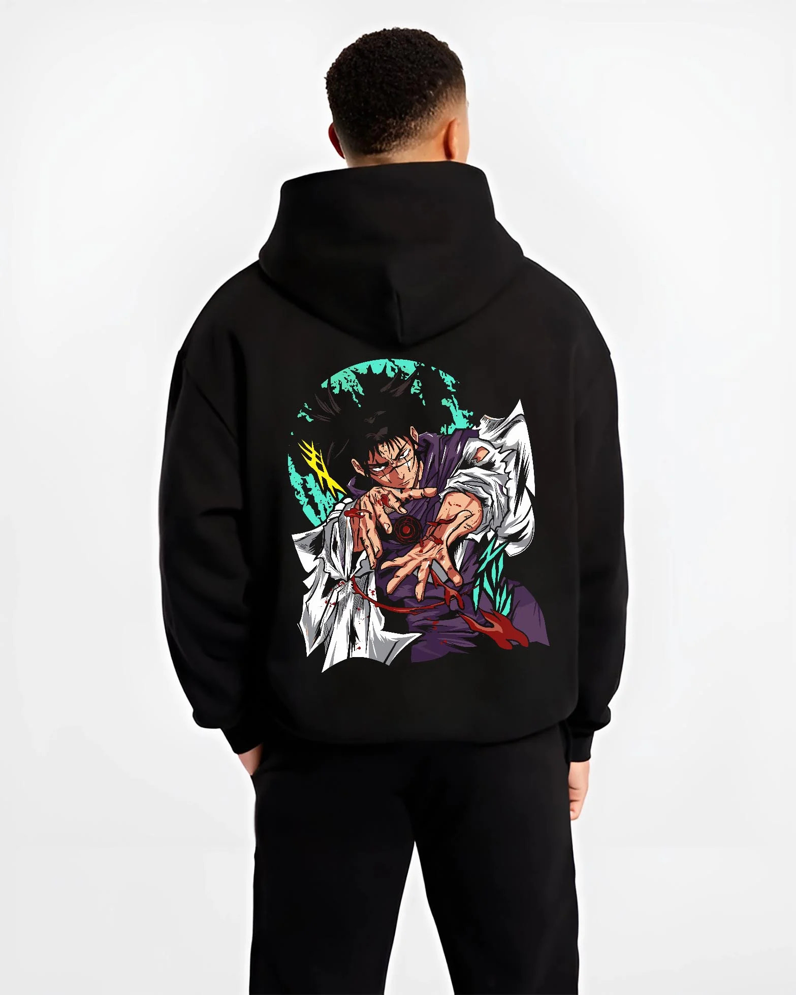 Black hoodie worn by male model, back view with Choso Hoodie Jujutsu Kaisen Blood Manipulation Pose graphic bold anime graphic.