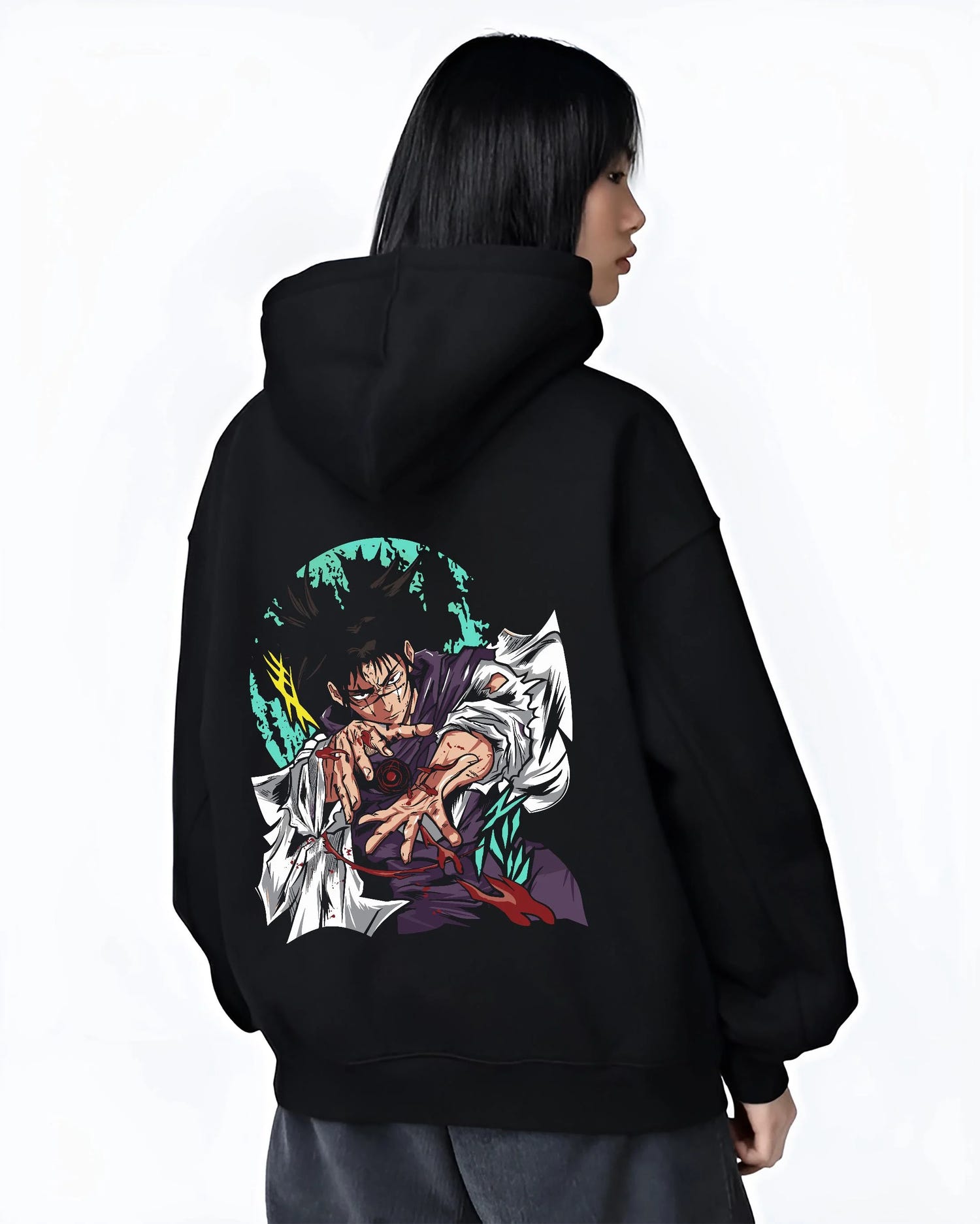 Black hoodie worn by female model, back view with Choso Hoodie Jujutsu Kaisen Blood Manipulation Pose graphic streetwear graphic.