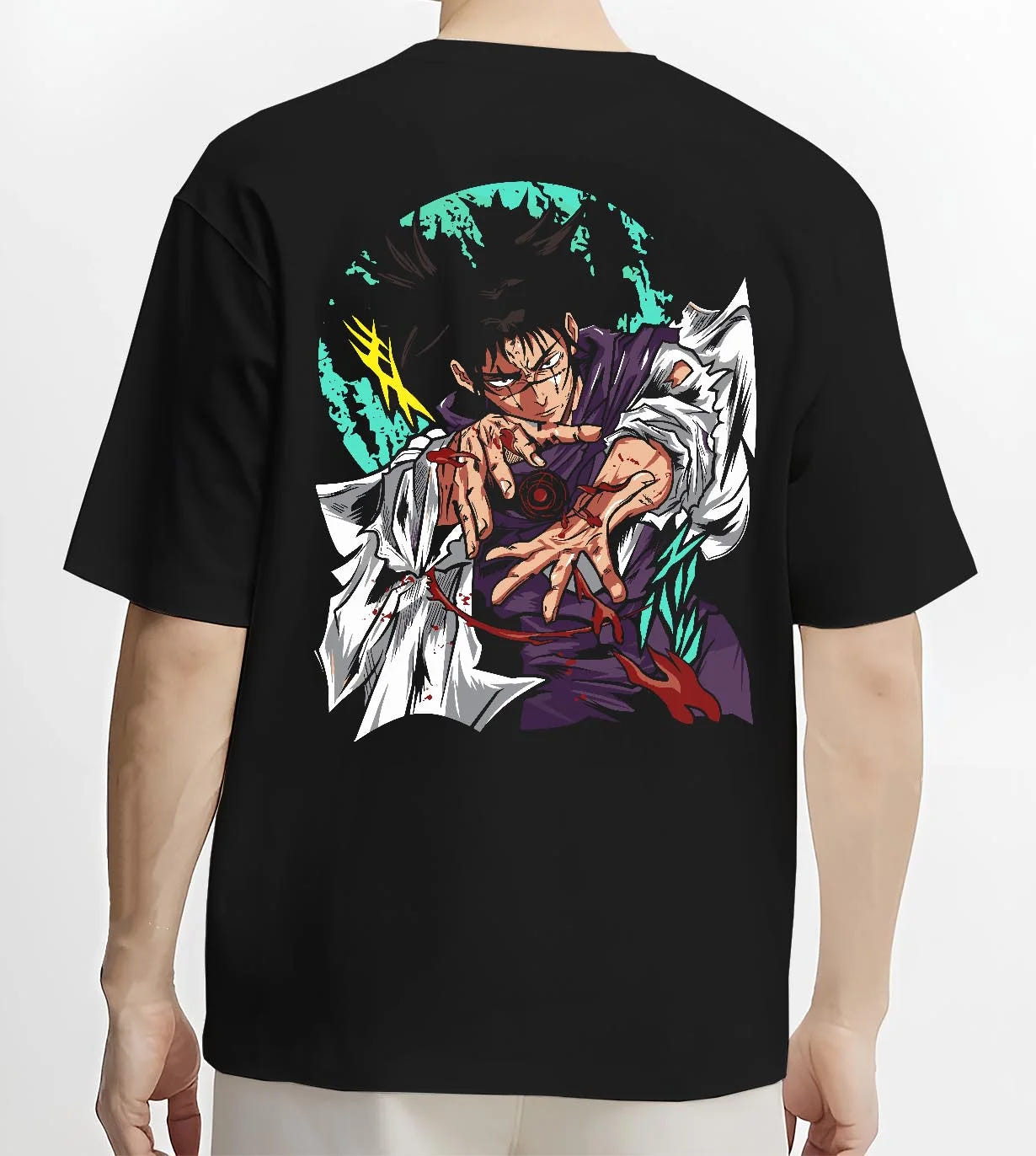 Black T-shirt worn by male model, back view with Choso Hoodie Jujutsu Kaisen Blood Manipulation Pose graphic streetwear graphic.