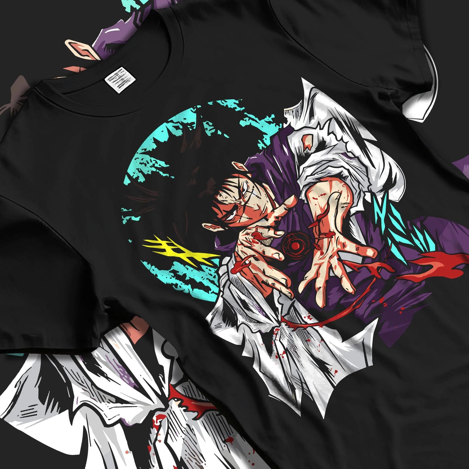 Black T-shirt laid flat with natural folds with Choso Hoodie Jujutsu Kaisen Blood Manipulation Pose graphic streetwear graphic.