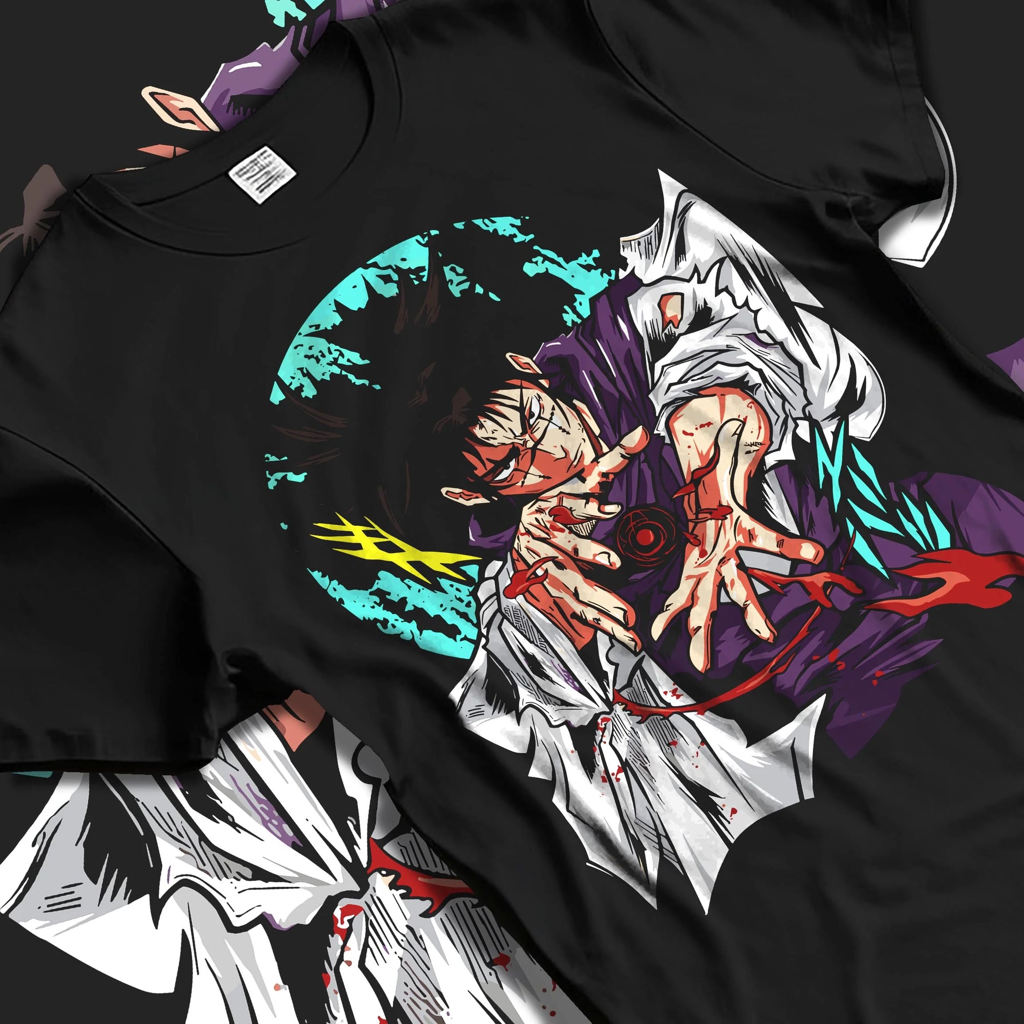 Black T-shirt laid flat with natural folds with Choso Hoodie Jujutsu Kaisen Blood Manipulation Pose graphic streetwear graphic.