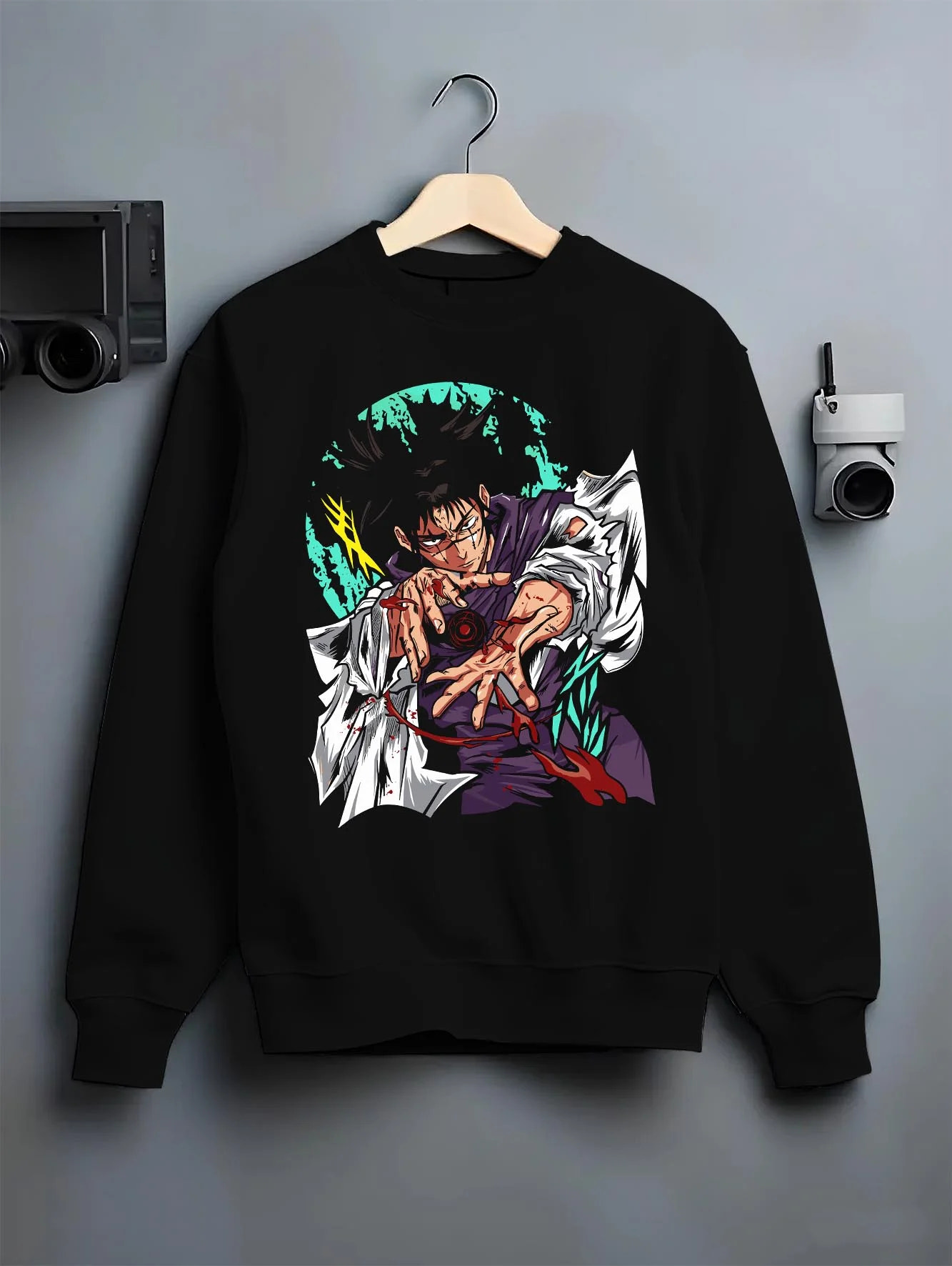 Black crewneck sweatshirt on hanger with Choso Hoodie Jujutsu Kaisen Blood Manipulation Pose graphic Choso anime design.