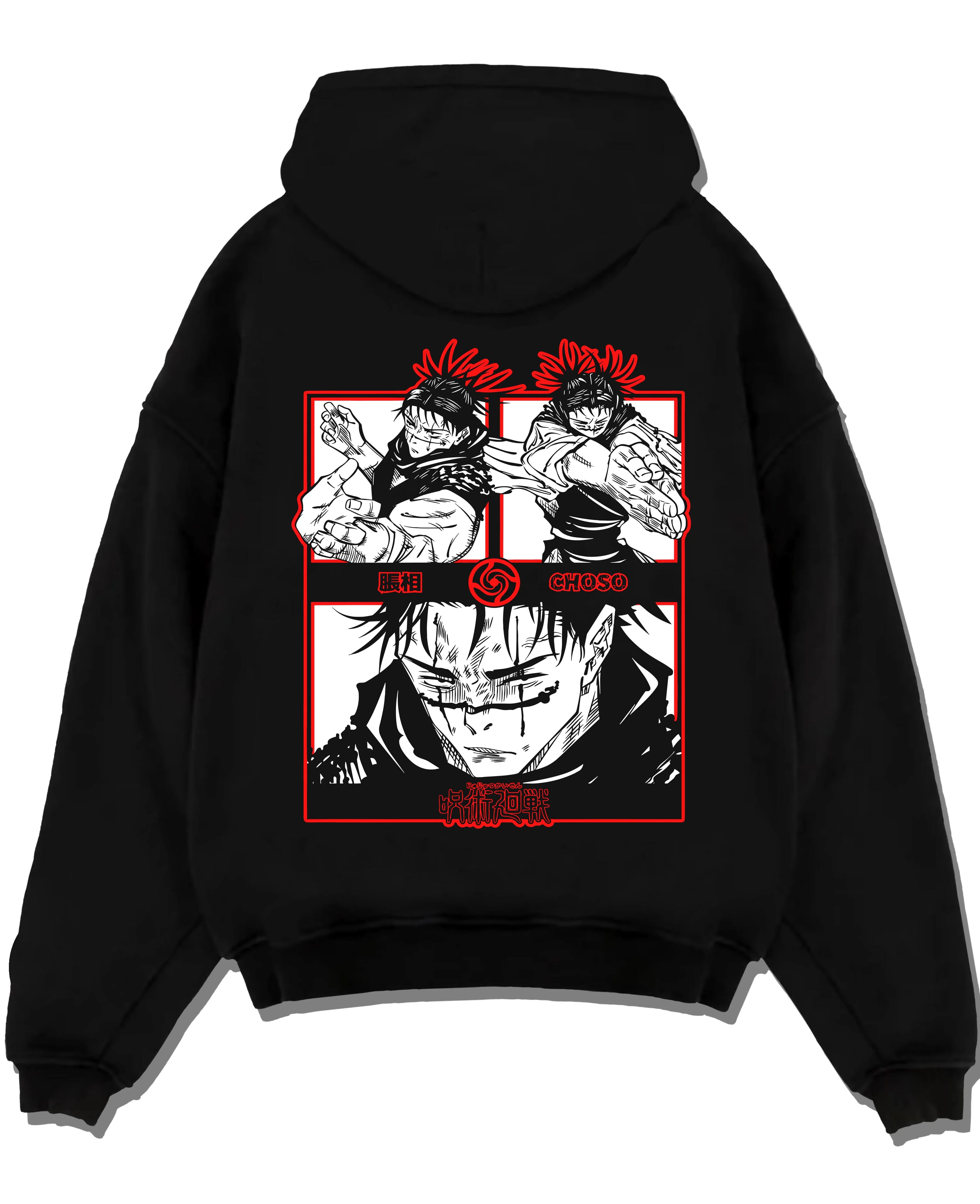 Black pullover hoodie laid flat with Choso Hoodie Jujutsu Kaisen Red Manga Panel Display graphic streetwear graphic.