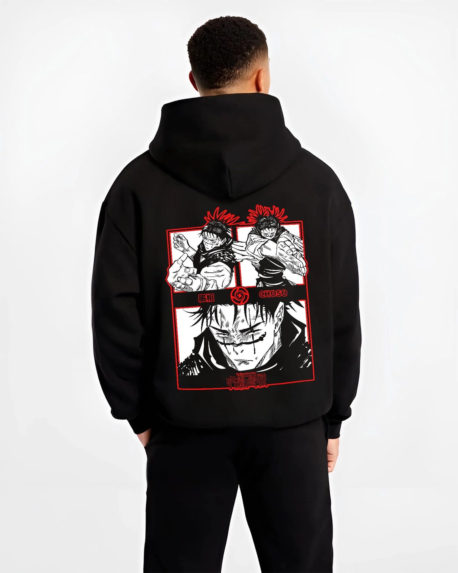 Black hoodie worn by male model, back view with Choso Hoodie Jujutsu Kaisen Red Manga Panel Display graphic premium wear.