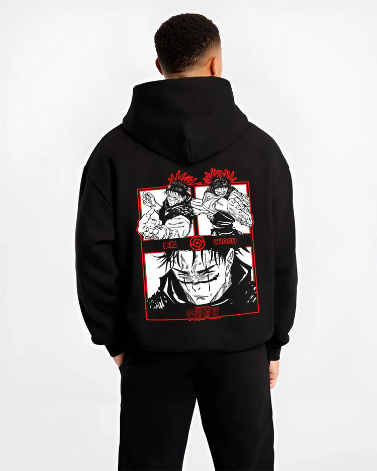 Black hoodie worn by male model, back view with Choso Hoodie Jujutsu Kaisen Red Manga Panel Display graphic premium wear.