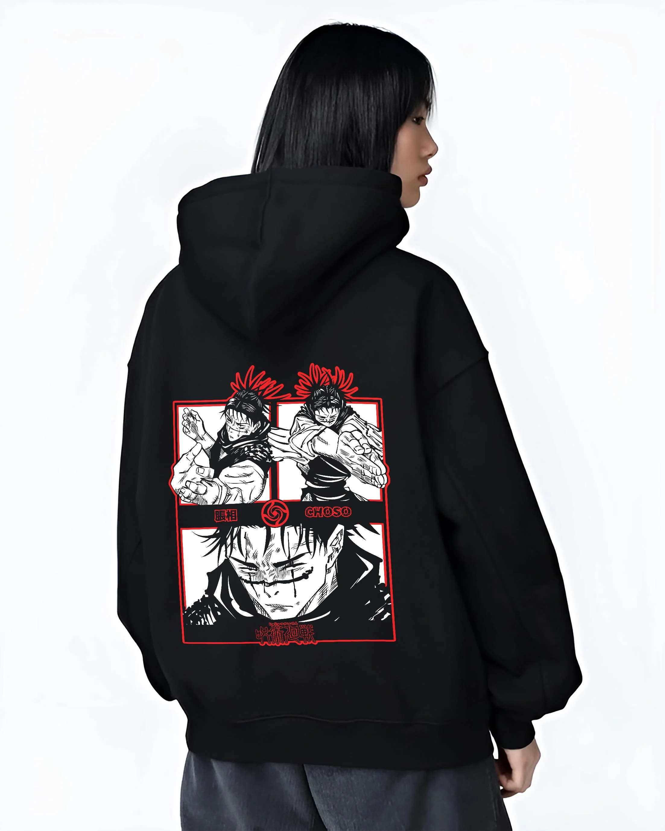 Black hoodie worn by female model, back view with Choso Hoodie Jujutsu Kaisen Red Manga Panel Display graphic bold anime graphic.