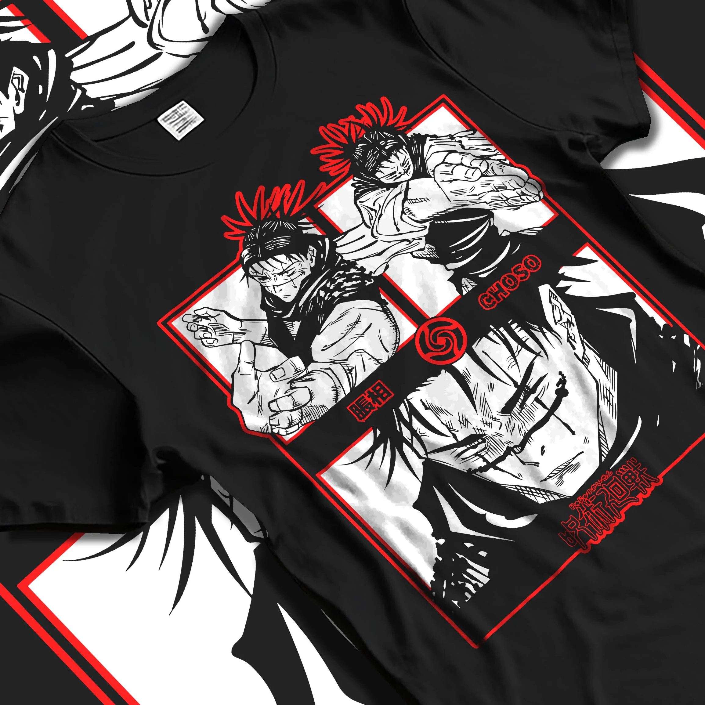 Black T-shirt laid flat with natural folds with Choso Hoodie Jujutsu Kaisen Red Manga Panel Display graphic streetwear graphic.