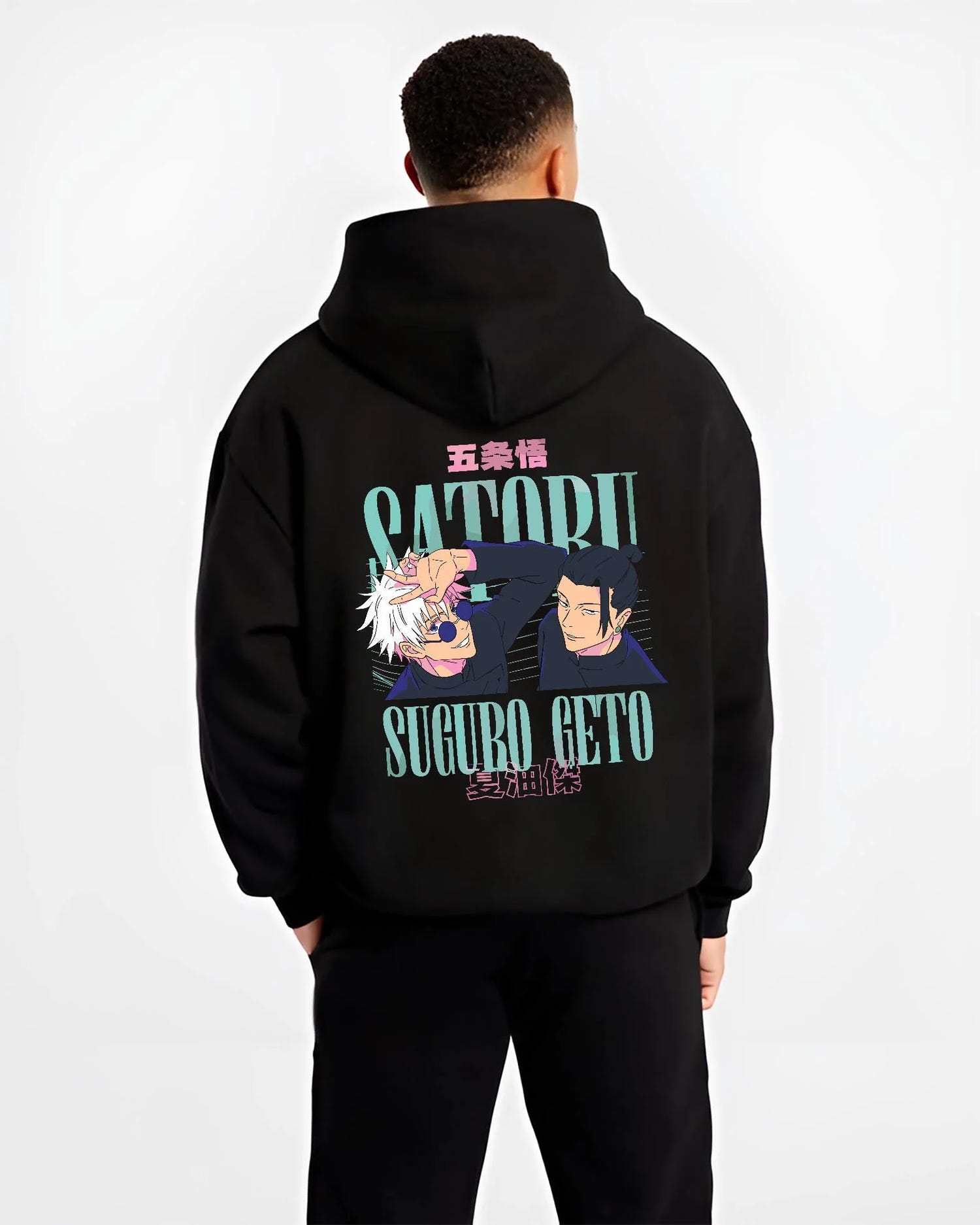 Black hoodie worn by male model, back view with Jujutsu Kaisen Choso Hoodie Cursed Blood Anime Jumper graphic premium wear.