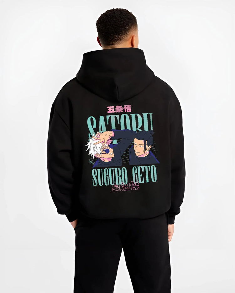 Black hoodie worn by male model, back view with Jujutsu Kaisen Choso Hoodie Cursed Blood Anime Jumper graphic premium wear.
