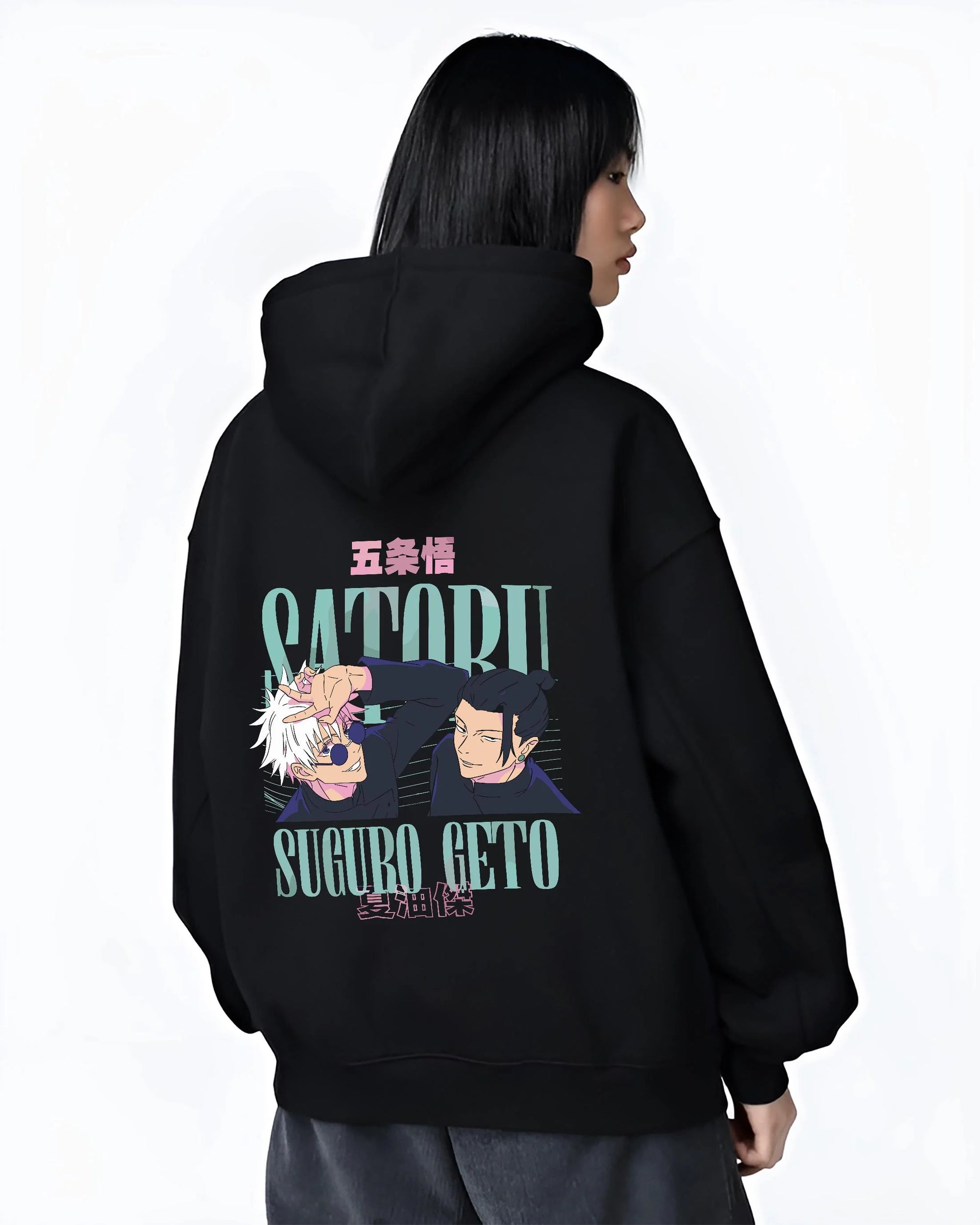 Black hoodie worn by female model, back view with Jujutsu Kaisen Choso Hoodie Cursed Blood Anime Jumper graphic streetwear graphic.