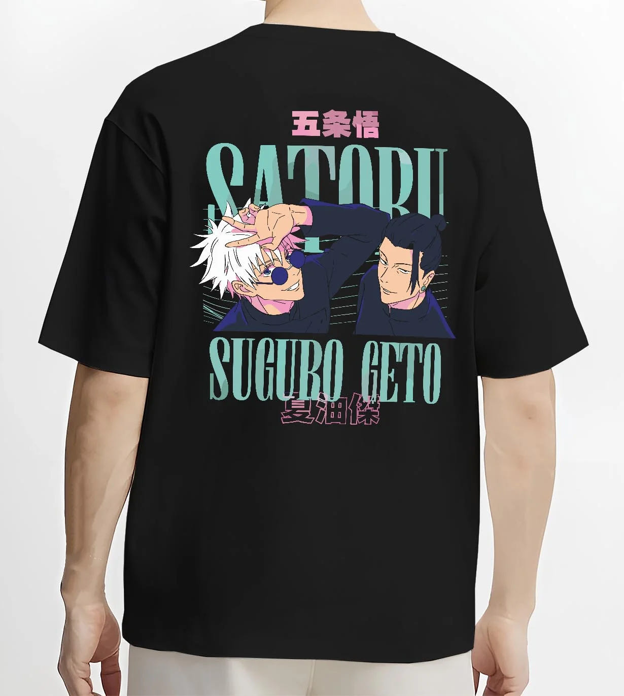 Black T-shirt worn by male model, back view with Jujutsu Kaisen Choso Hoodie Cursed Blood Anime Jumper graphic premium wear.