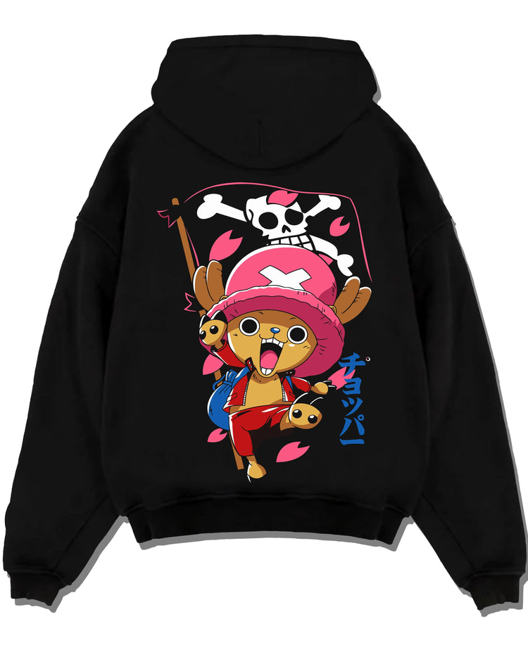 Black pullover hoodie laid flat with Chopper Hoodie One Piece Doctor Pink Hat Skull Mark graphic streetwear graphic.