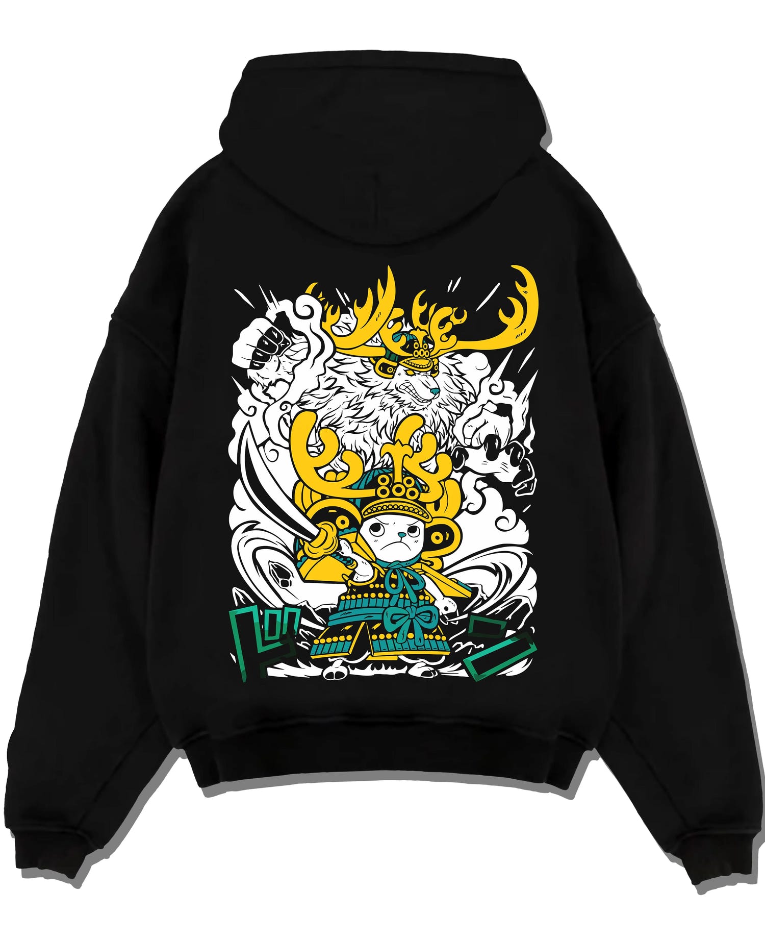 Black pullover hoodie laid flat with Chopper Hoodie One Piece Horned Transformation Form graphic streetwear graphic.