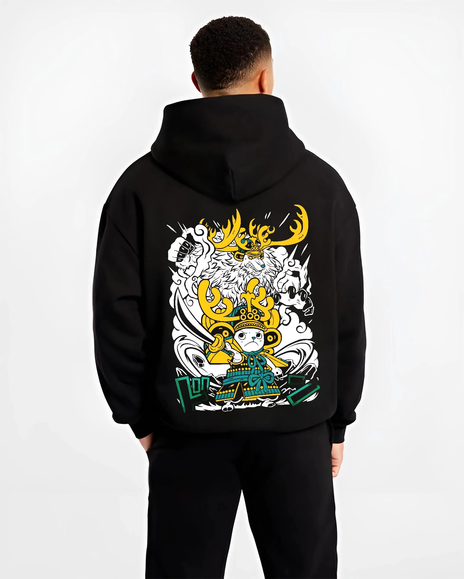 Black hoodie worn by male model, back view with Chopper Hoodie One Piece Horned Transformation Form graphic bold anime graphic.