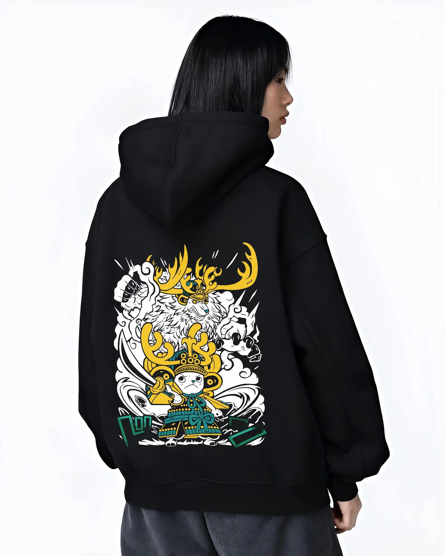 Black hoodie worn by female model, back view with Chopper Hoodie One Piece Horned Transformation Form graphic streetwear graphic.