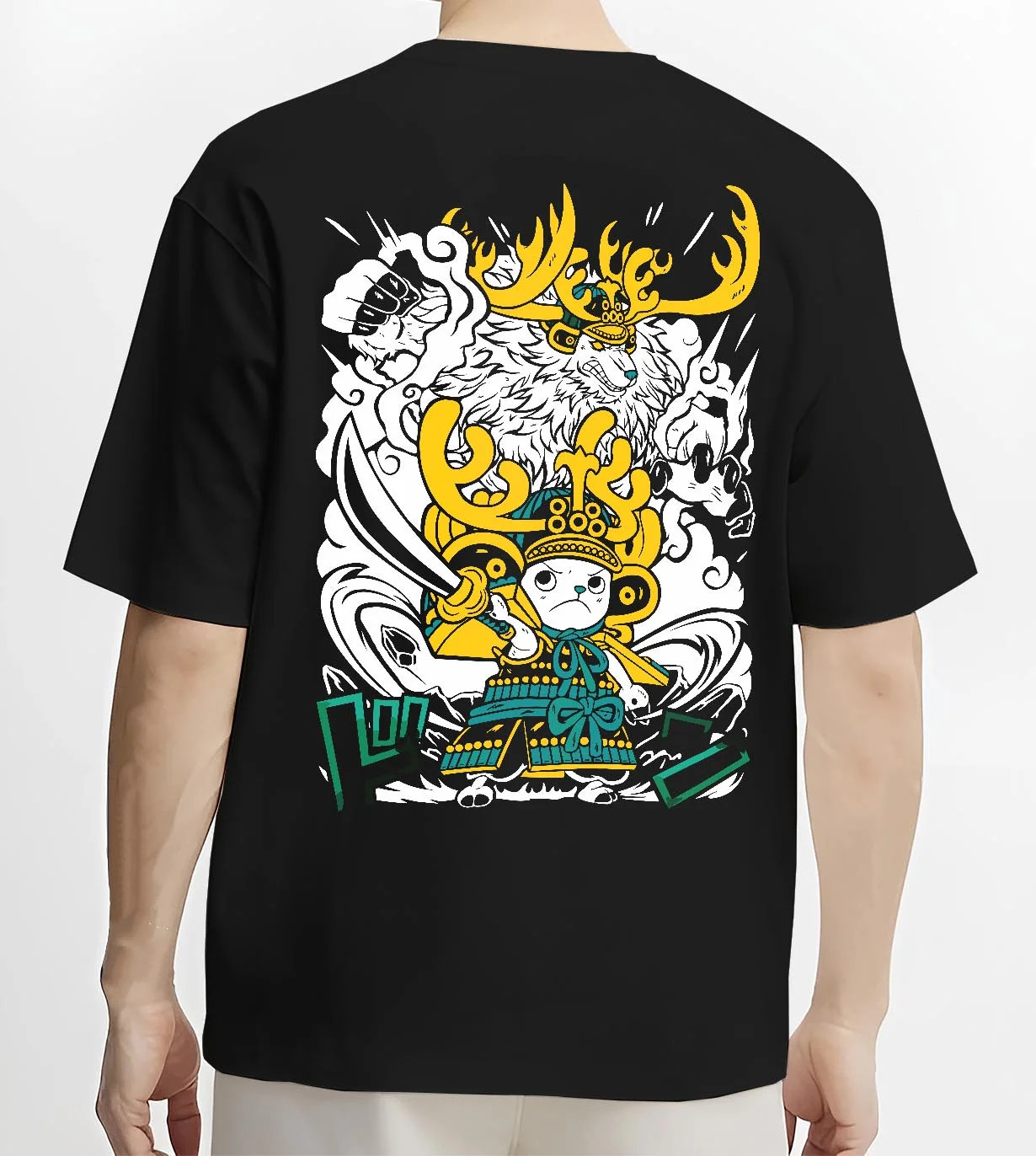 Black T-shirt worn by male model, back view with Chopper Hoodie One Piece Horned Transformation Form graphic premium wear.