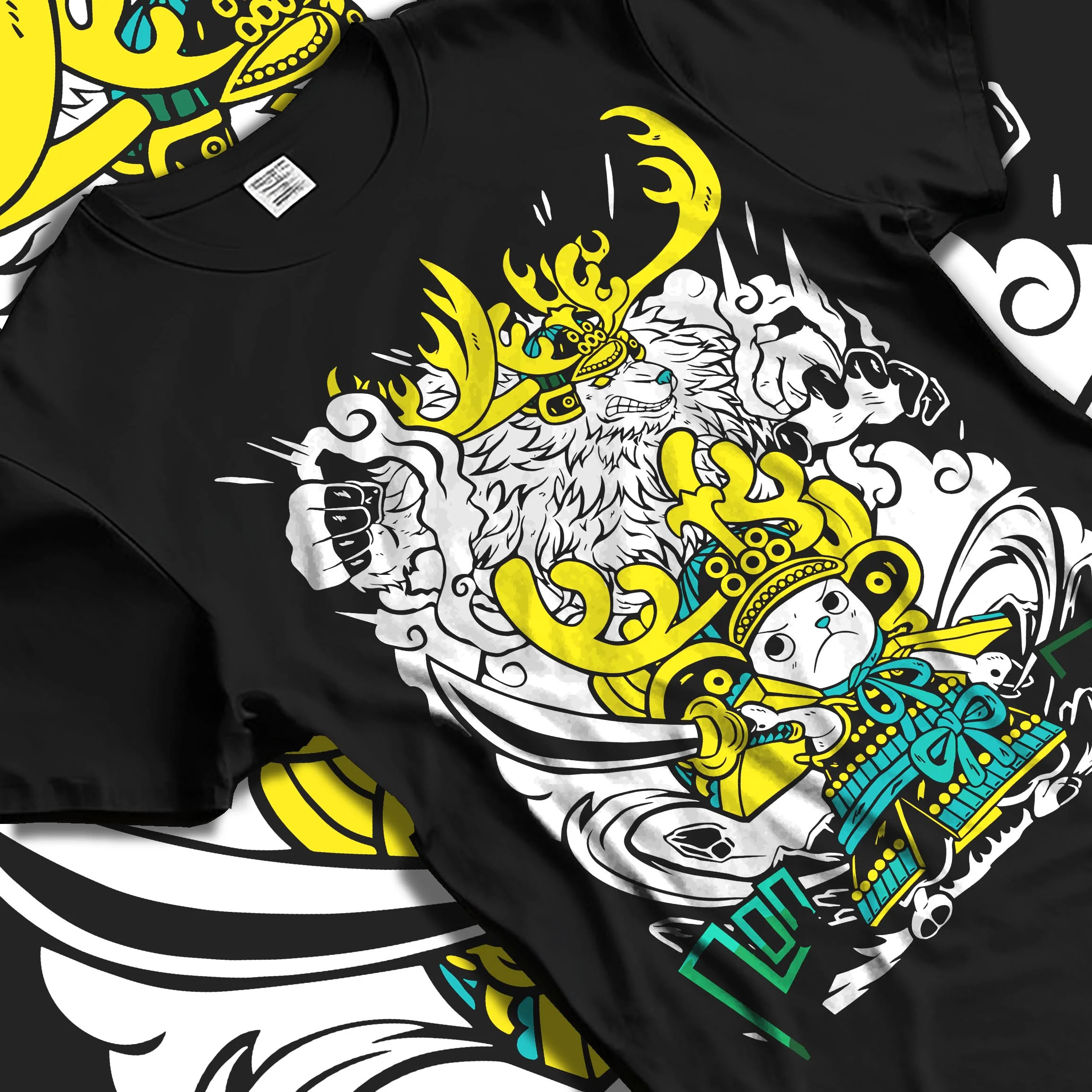 Black T-shirt laid flat with natural folds with Chopper Hoodie One Piece Horned Transformation Form graphic bold anime graphic.