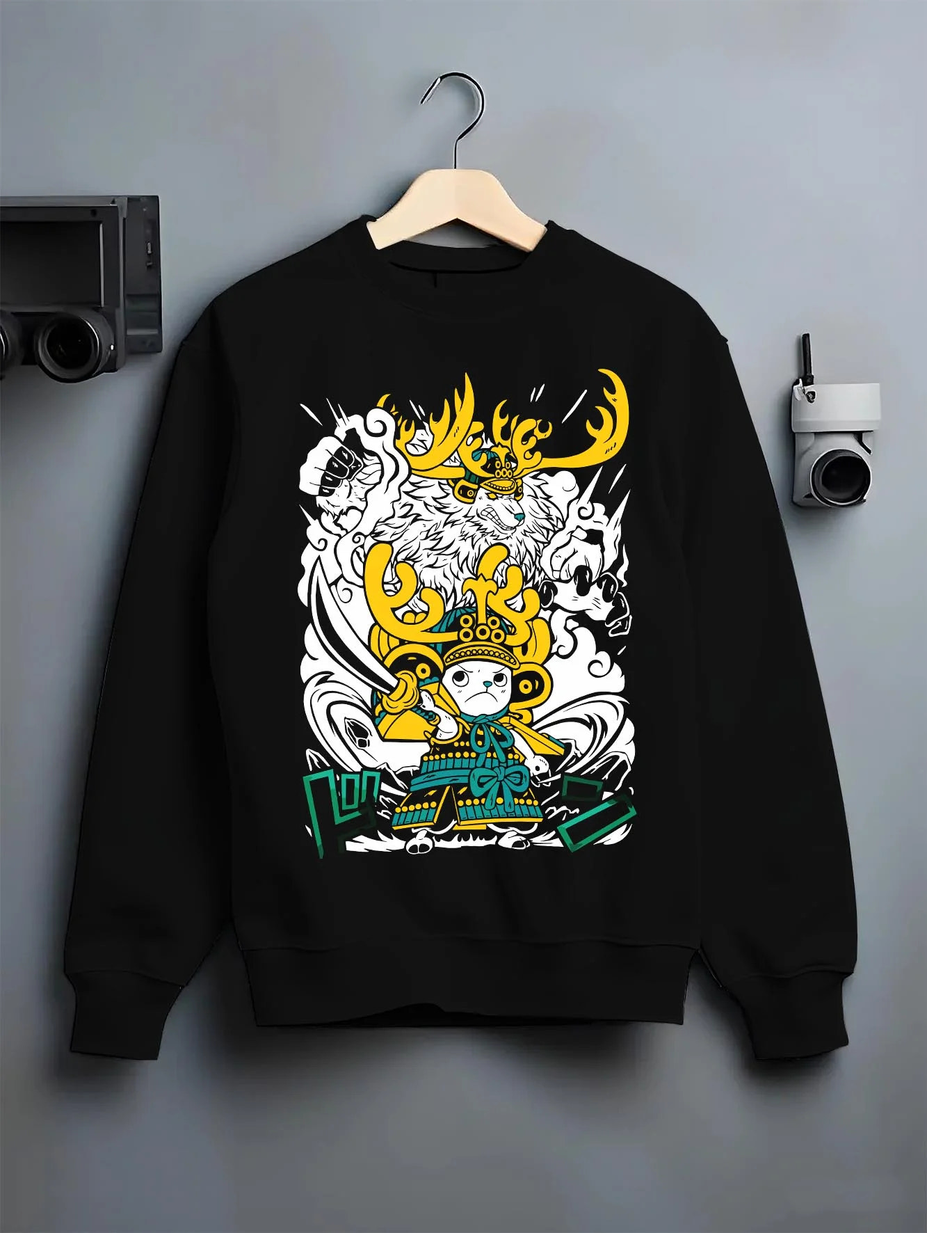 Black crewneck sweatshirt on hanger with Chopper Hoodie One Piece Horned Transformation Form graphic premium wear.