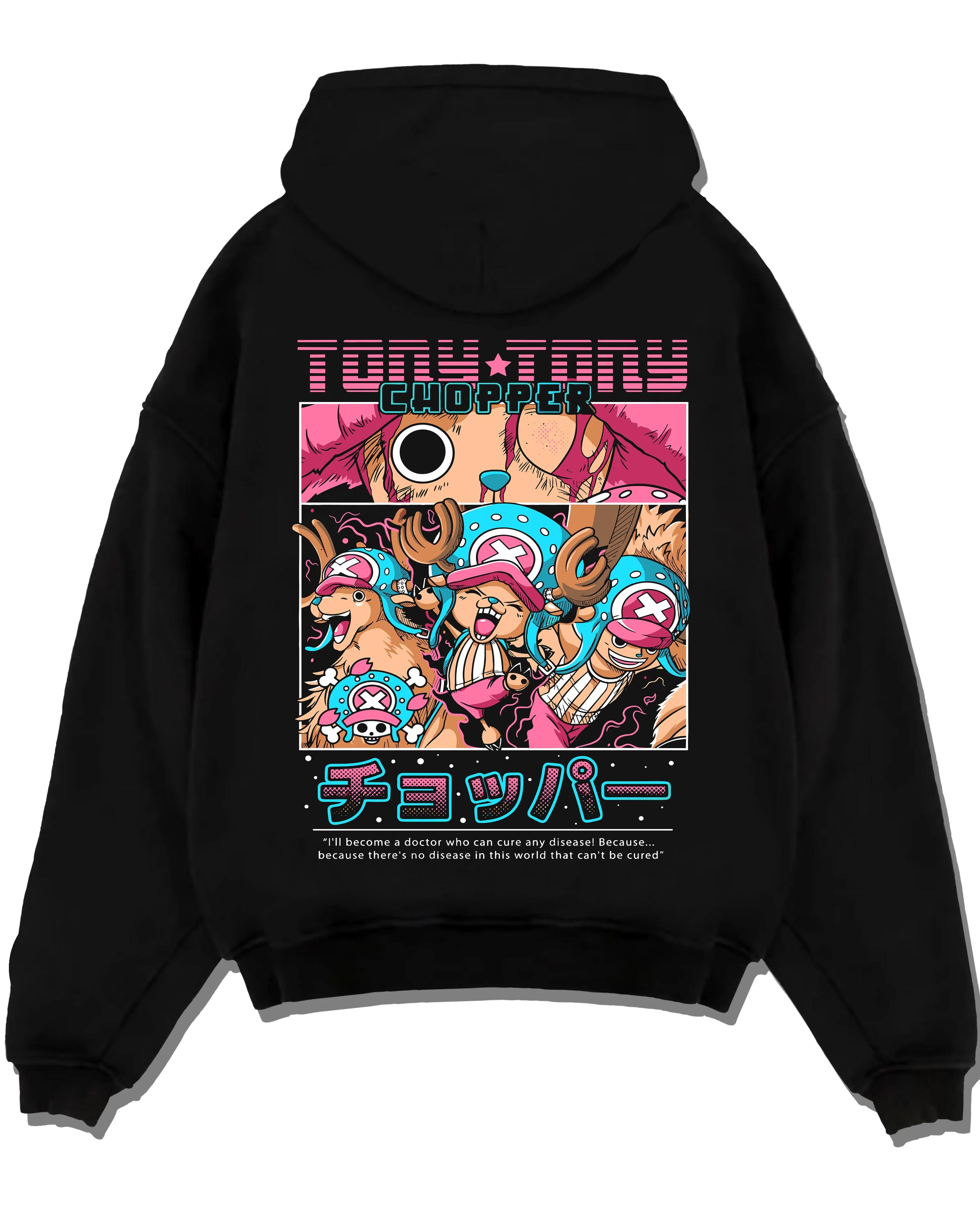 Black pullover hoodie laid flat with Chopper Hoodie One Piece Doctor Retro Pirate Collage graphic premium wear.