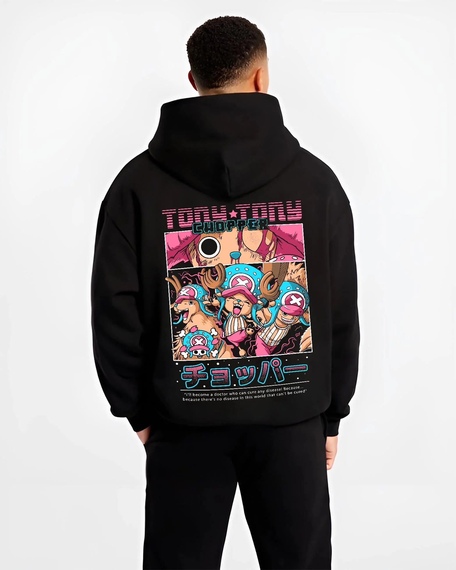 Black hoodie worn by male model, back view with Chopper Hoodie One Piece Doctor Retro Pirate Collage graphic bold anime graphic.