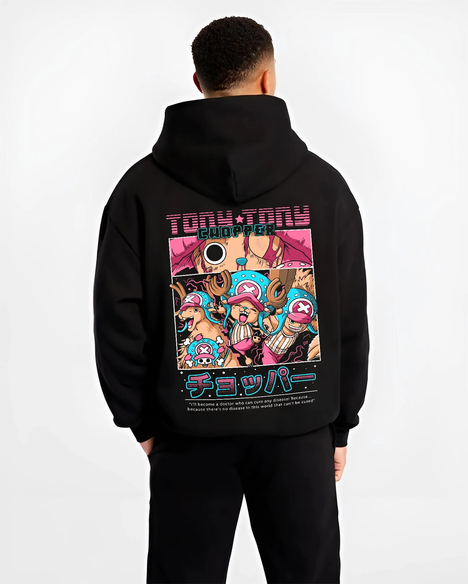 Black hoodie worn by male model, back view with Chopper Hoodie One Piece Doctor Retro Pirate Collage graphic bold anime graphic.