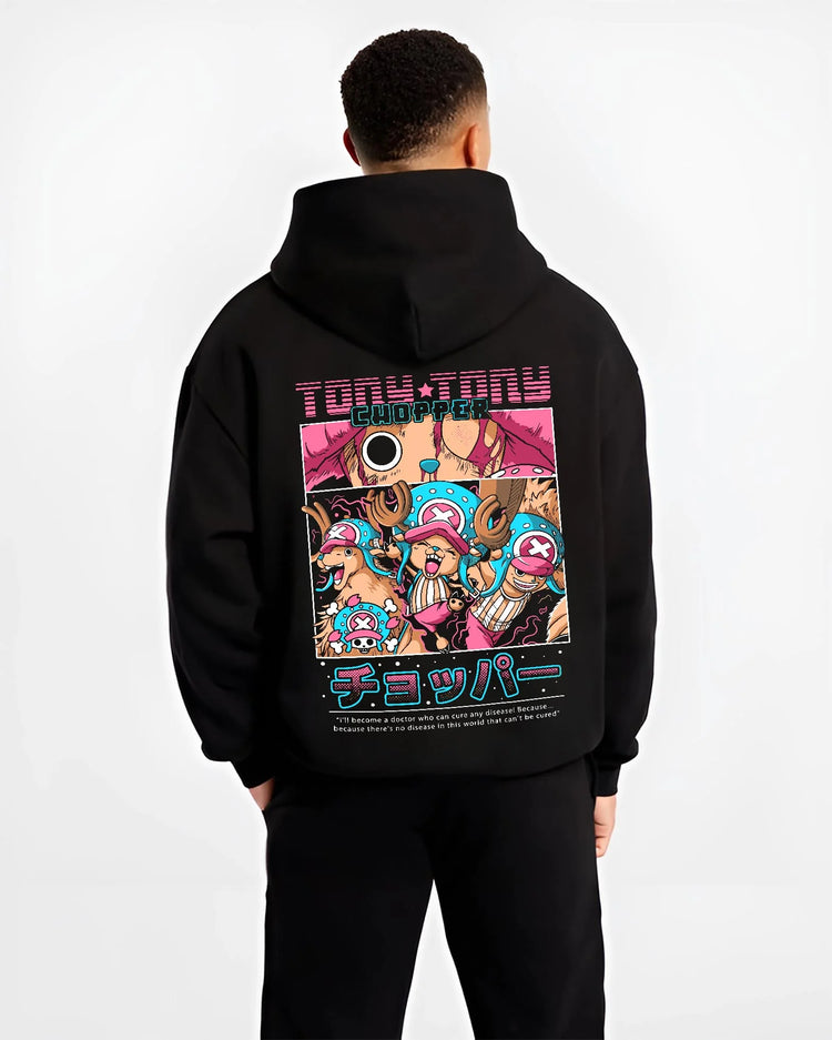 Black hoodie worn by male model, back view with Chopper Hoodie One Piece Doctor Retro Pirate Collage graphic bold anime graphic.