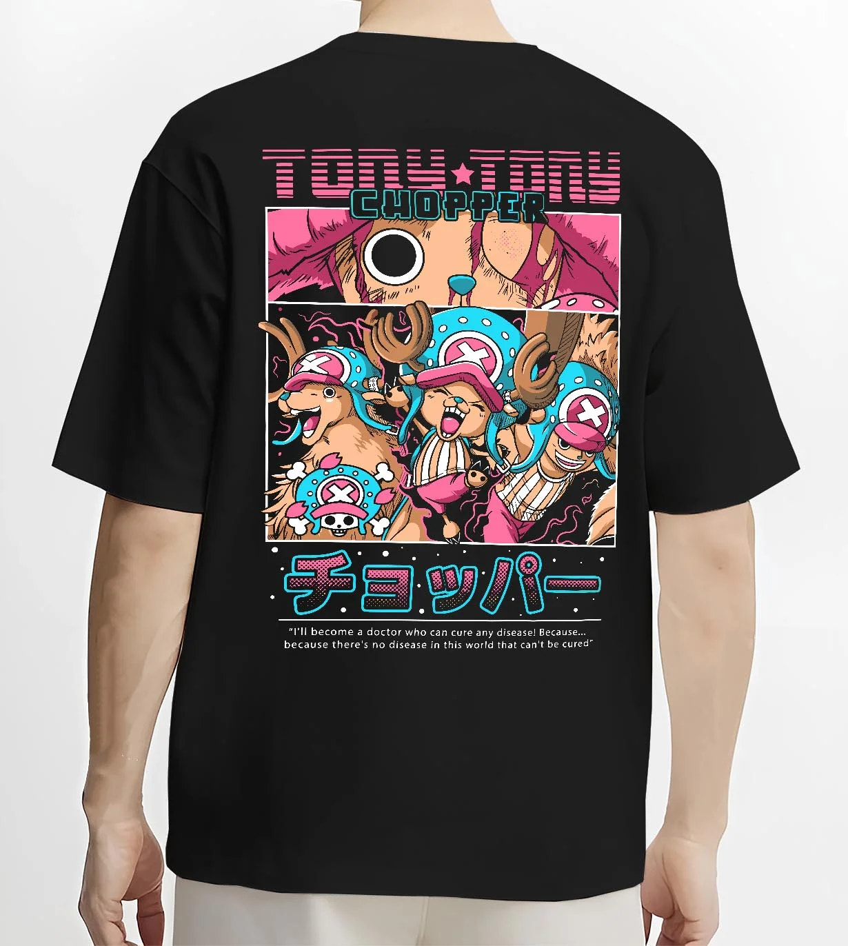 Black T-shirt worn by male model, back view with Chopper Hoodie One Piece Doctor Retro Pirate Collage graphic streetwear graphic.