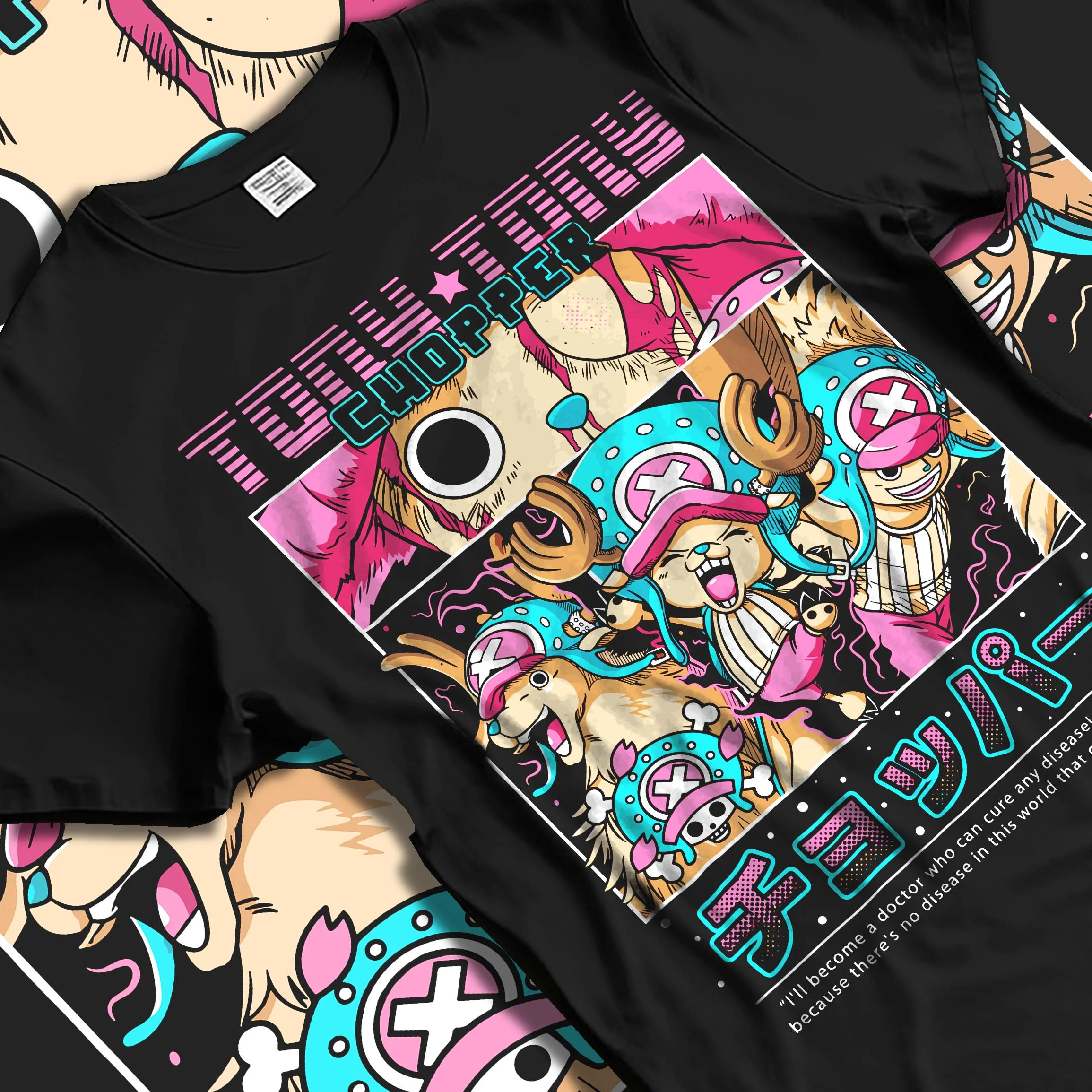 Black T-shirt laid flat with natural folds with Chopper Hoodie One Piece Doctor Retro Pirate Collage graphic streetwear graphic.