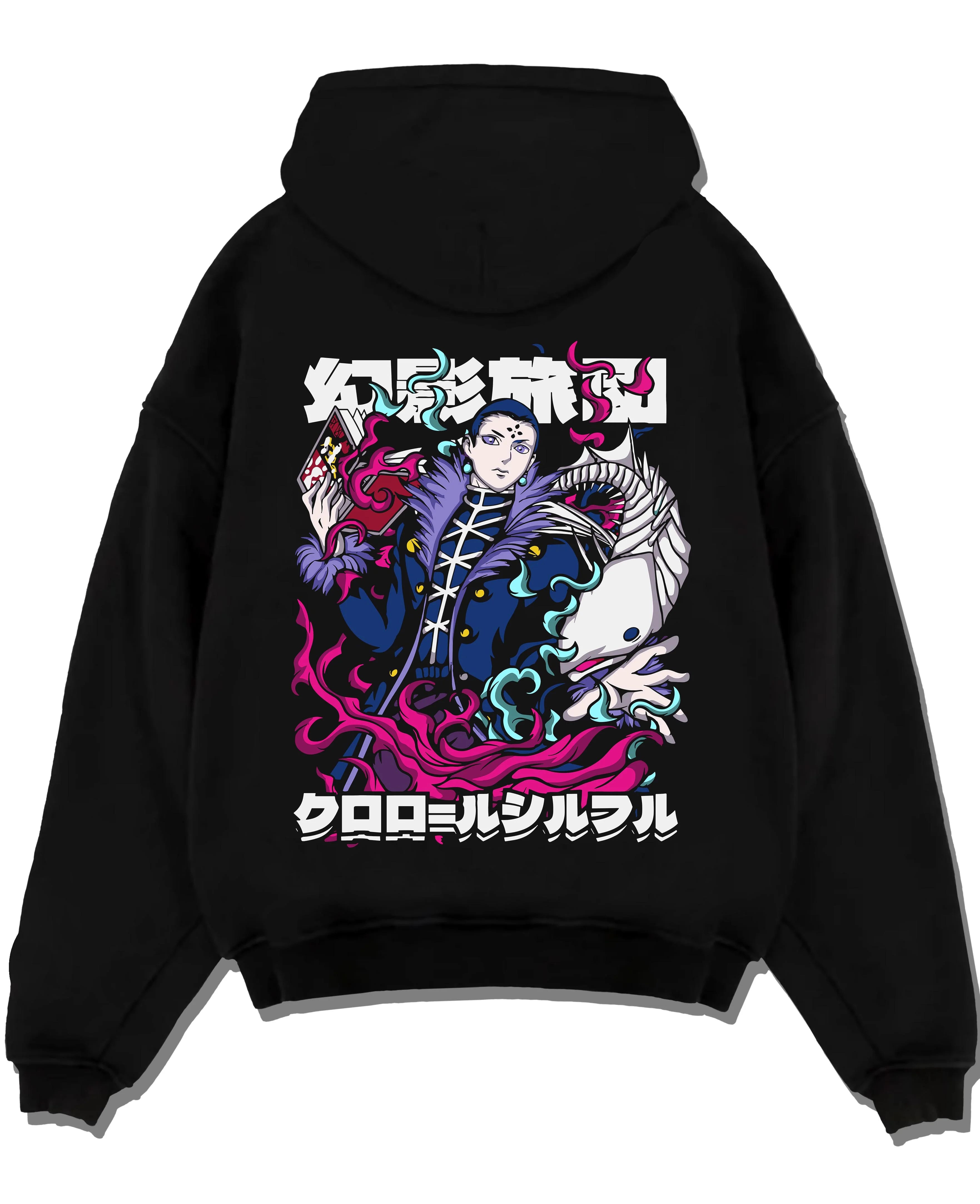 Black pullover hoodie laid flat with Chrollo Hoodie Hunter x Hunter Phantom Troupe Leader graphic bold anime graphic.