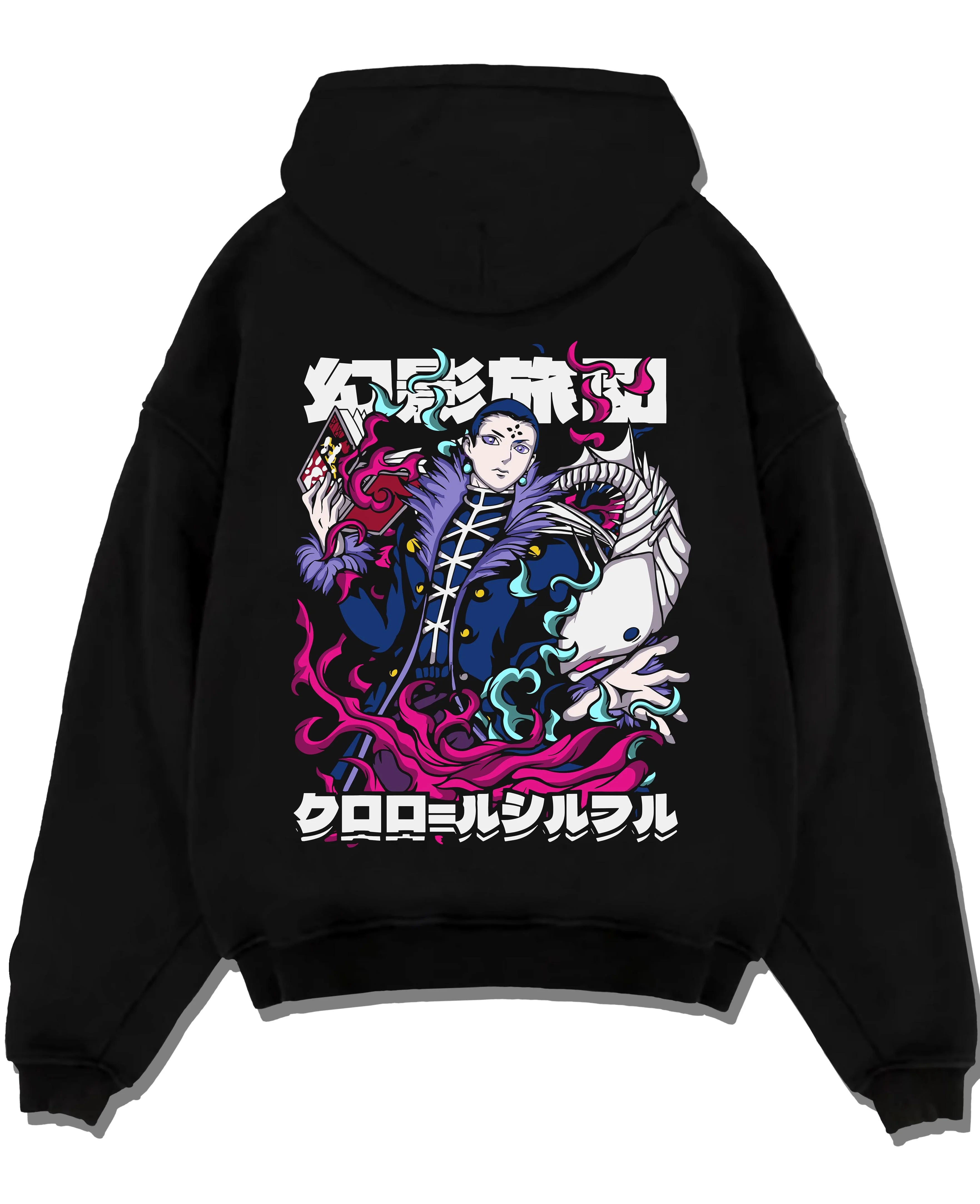 Black pullover hoodie laid flat with Chrollo Hoodie Hunter x Hunter Phantom Troupe Leader graphic bold anime graphic.