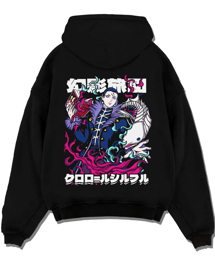 Black pullover hoodie laid flat with Chrollo Hoodie Hunter x Hunter Phantom Troupe Leader graphic bold anime graphic.