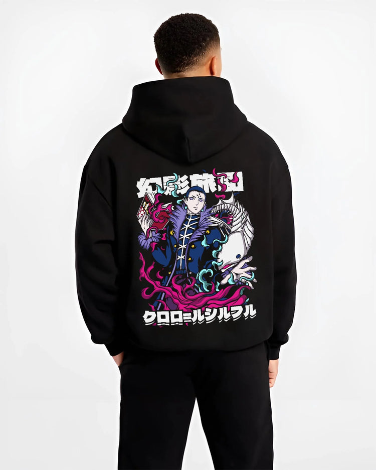 Black hoodie worn by male model, back view with Chrollo Hoodie Hunter x Hunter Phantom Troupe Leader graphic streetwear graphic.