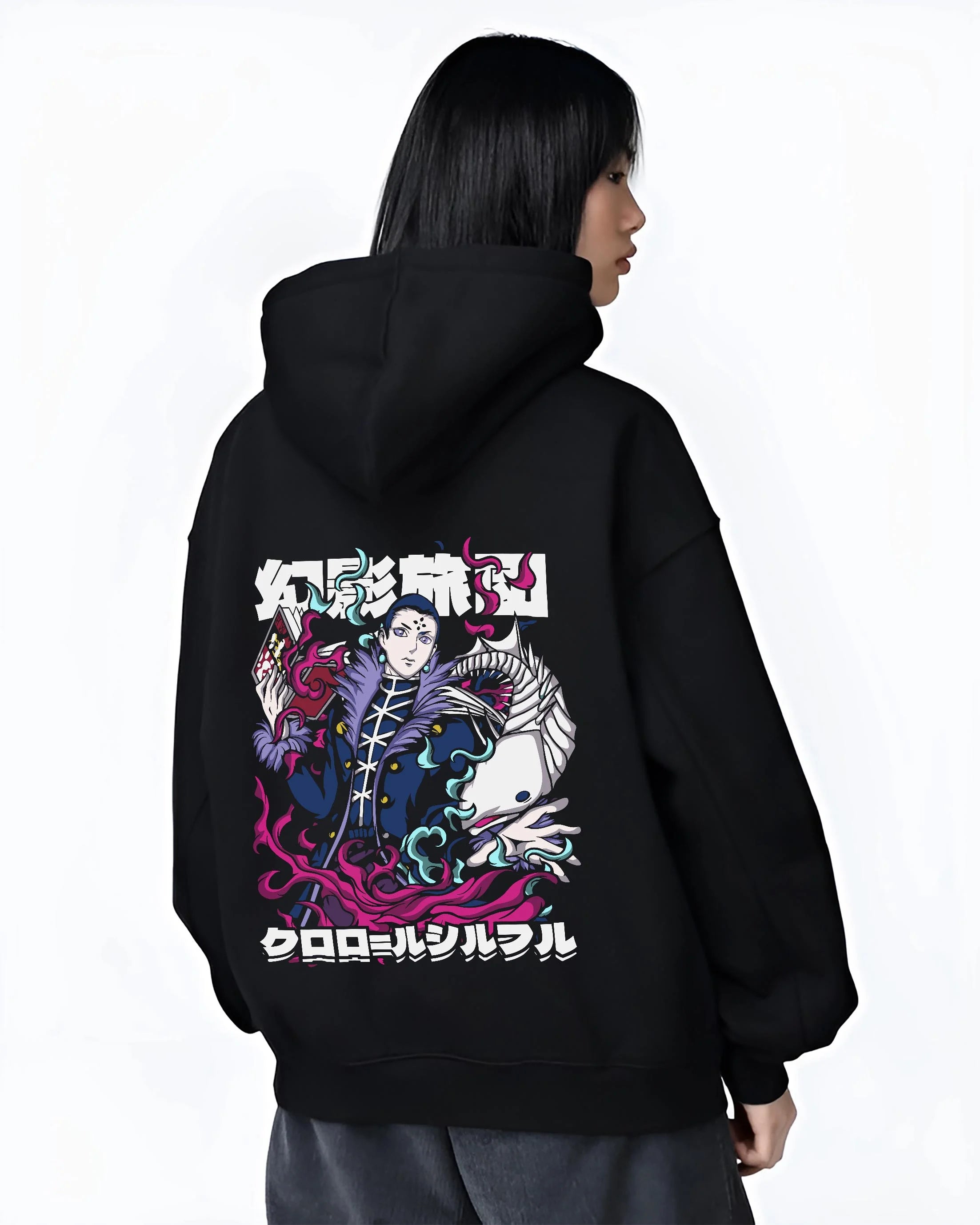 Black hoodie worn by female model, back view with Chrollo Hoodie Hunter x Hunter Phantom Troupe Leader graphic premium wear.
