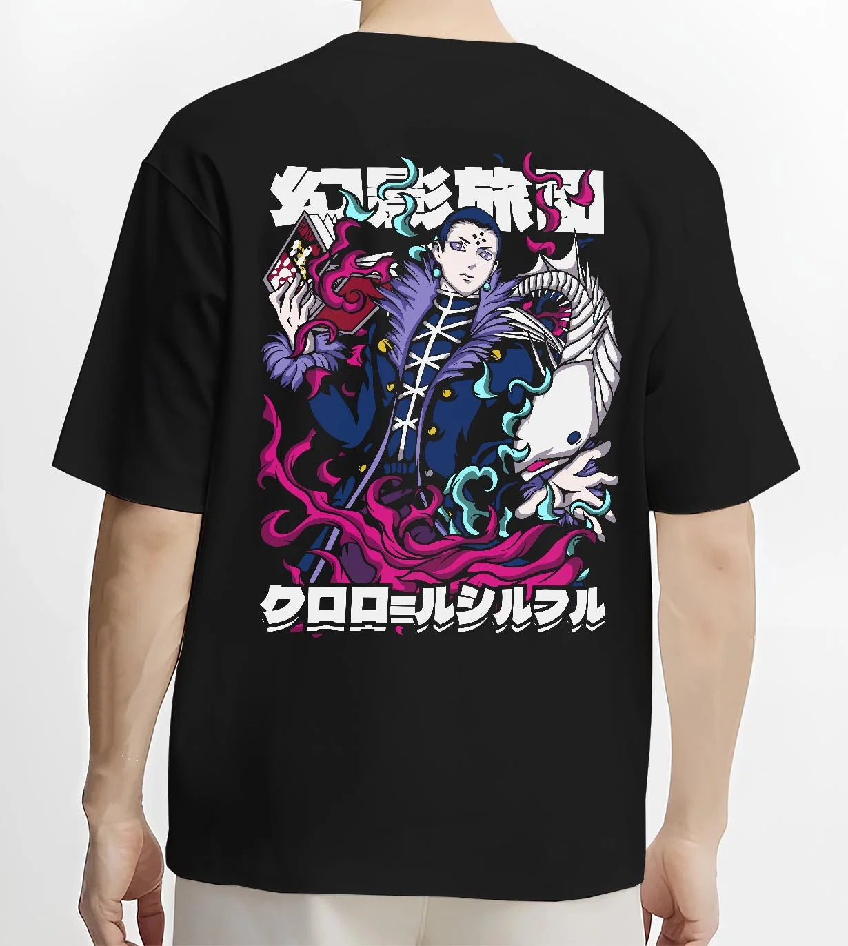 Black T-shirt worn by male model, back view with Chrollo Hoodie Hunter x Hunter Phantom Troupe Leader graphic bold anime graphic.