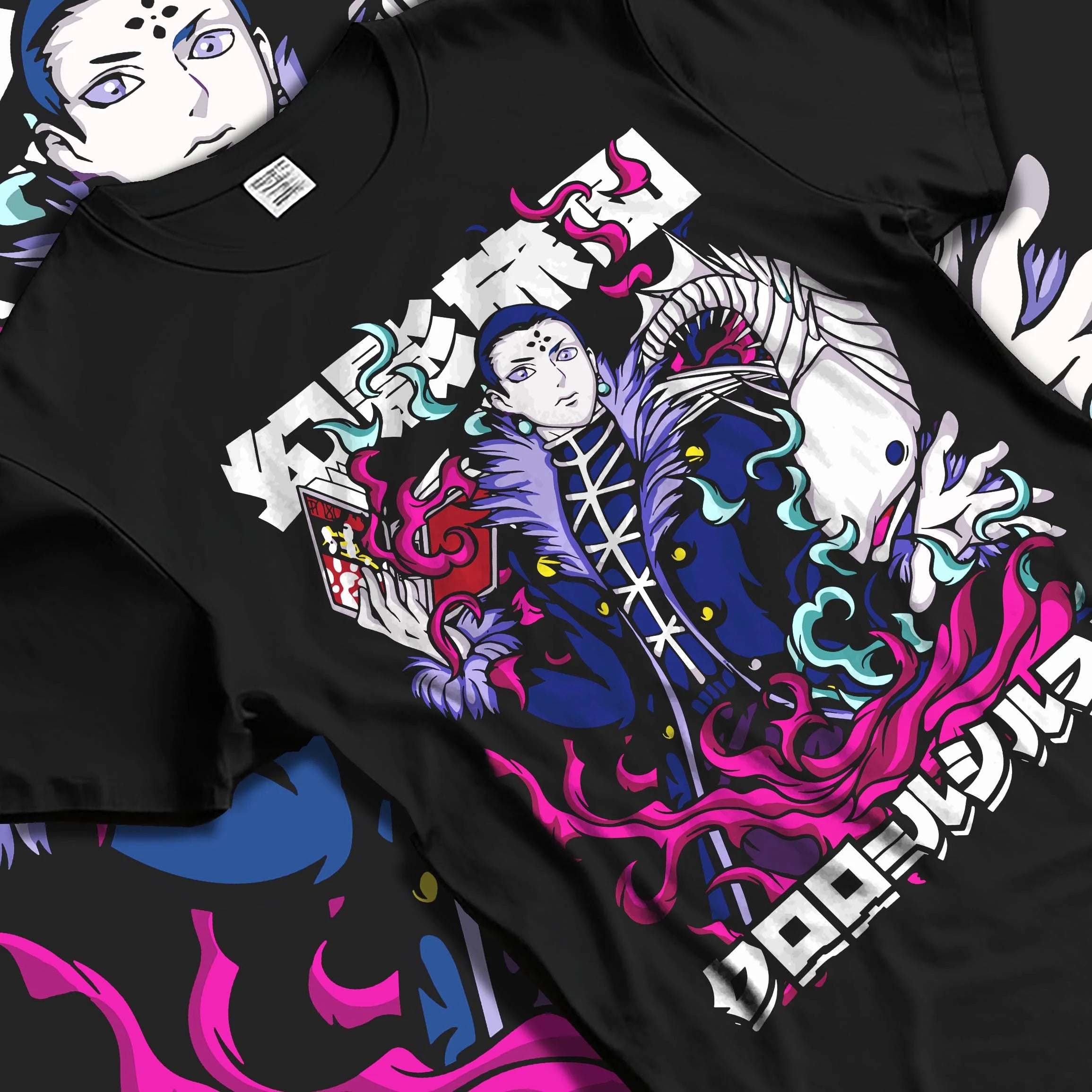 Black T-shirt laid flat with natural folds with Chrollo Hoodie Hunter x Hunter Phantom Troupe Leader graphic bold anime graphic.