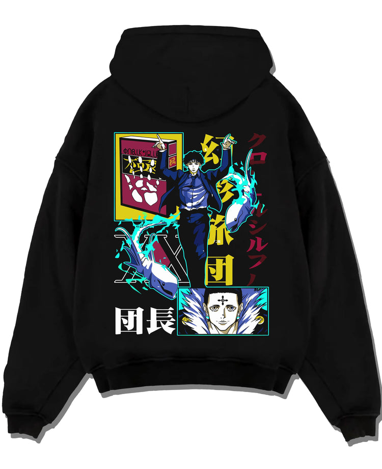 Black pullover hoodie laid flat with Chrollo Hoodie Hunter x Hunter Phantom Troupe Power graphic streetwear graphic.
