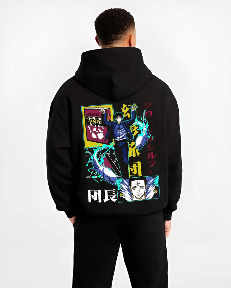 Black hoodie worn by male model, back view with Chrollo Hoodie Hunter x Hunter Phantom Troupe Power graphic streetwear graphic.