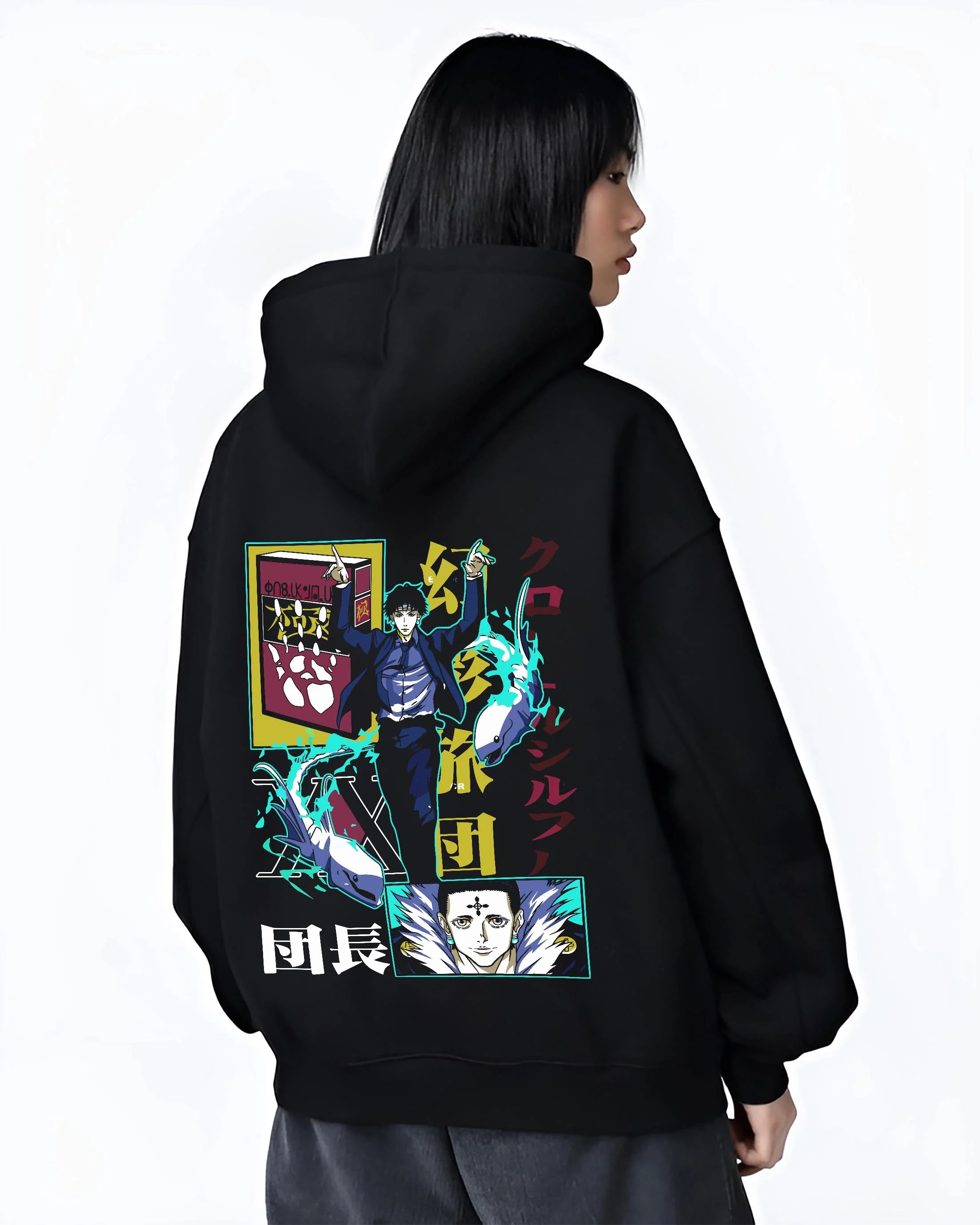 Black hoodie worn by female model, back view with Chrollo Hoodie Hunter x Hunter Phantom Troupe Power graphic bold anime graphic.