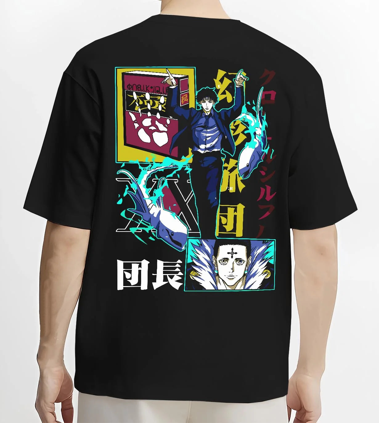 Black T-shirt worn by male model, back view with Chrollo Hoodie Hunter x Hunter Phantom Troupe Power graphic streetwear graphic.