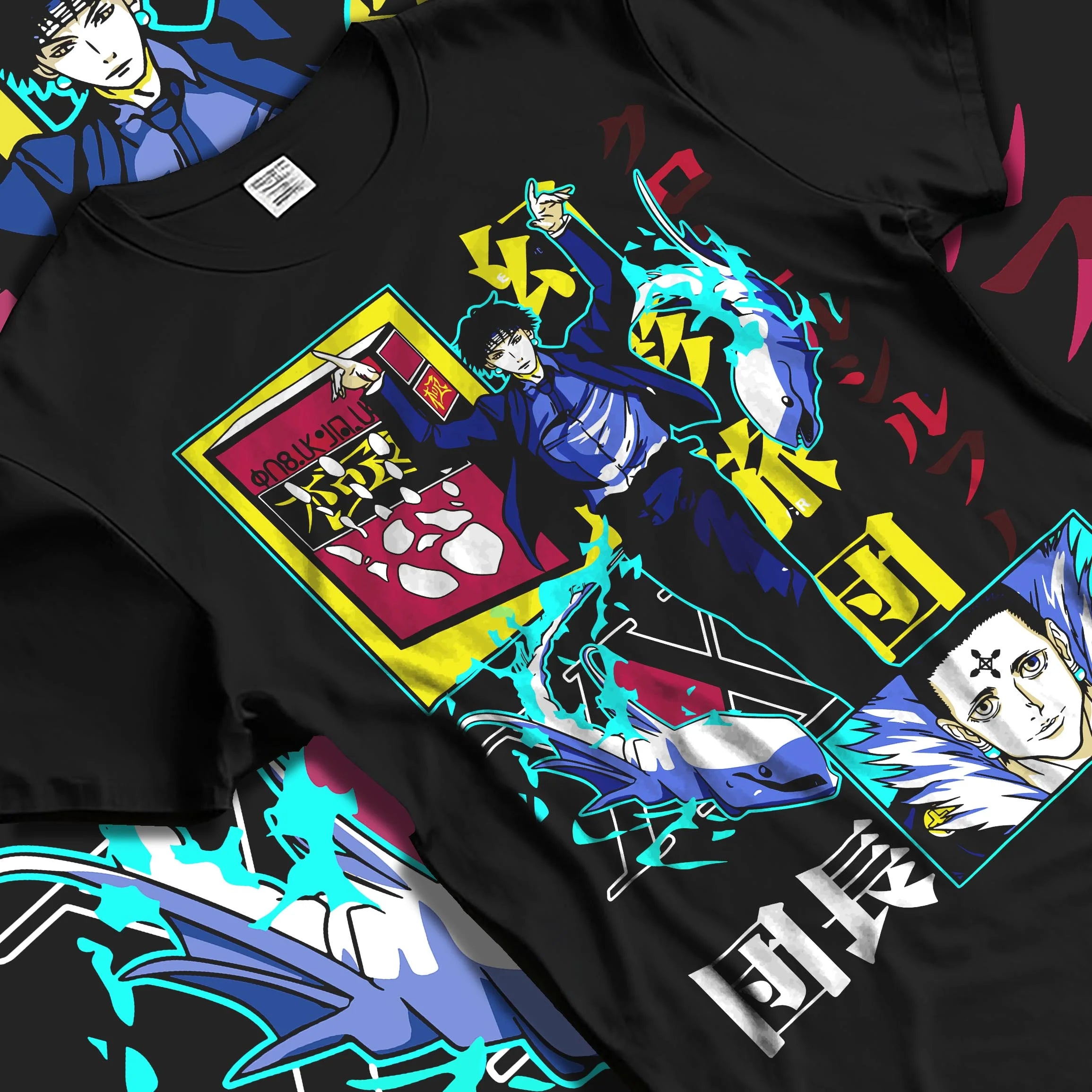 Black T-shirt laid flat with natural folds with Chrollo Hoodie Hunter x Hunter Phantom Troupe Power graphic bold anime graphic.